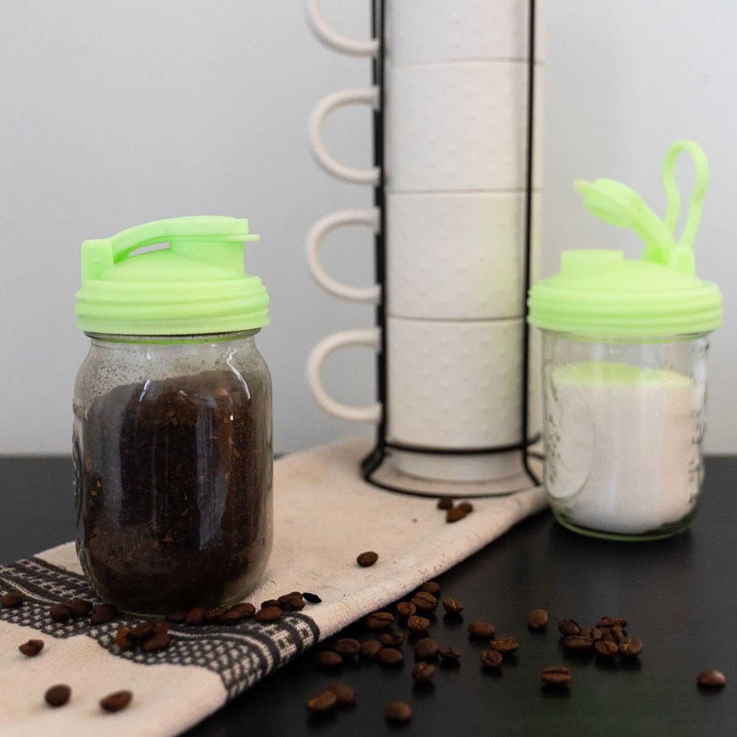 reCAP Mason Jar Pour Carry-Loop Lid, Wide Mouth, 4-Pack, Glow Green, Leak-Proof, Made in the USA, BPA-Free