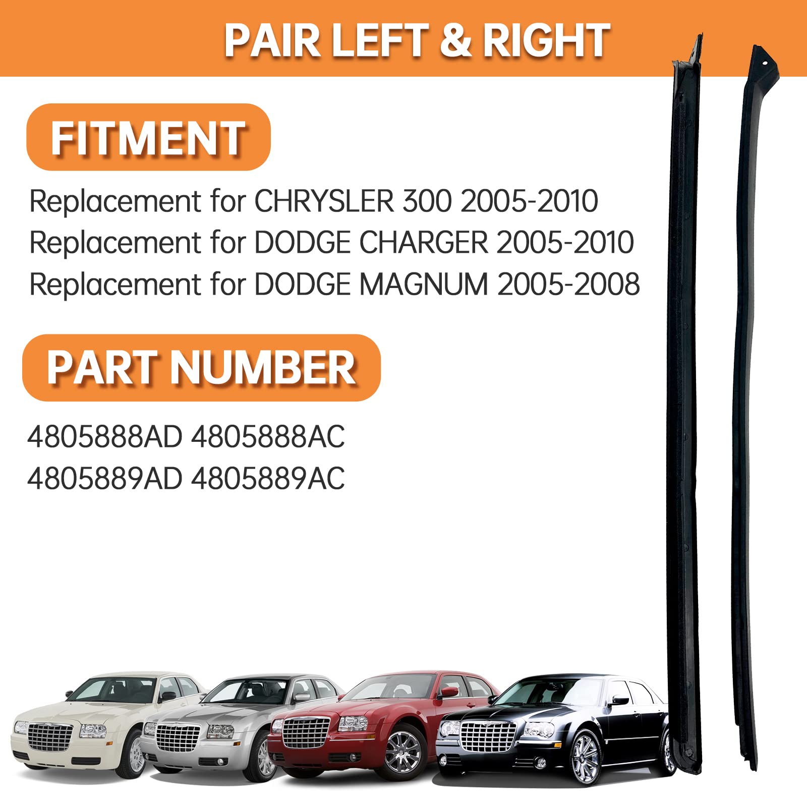 Windshield A-Pillar Trim & Molding Set - Left & Right Side Replacement For 2005-2010 Chrysler 300, Dodge Charger & Magnum