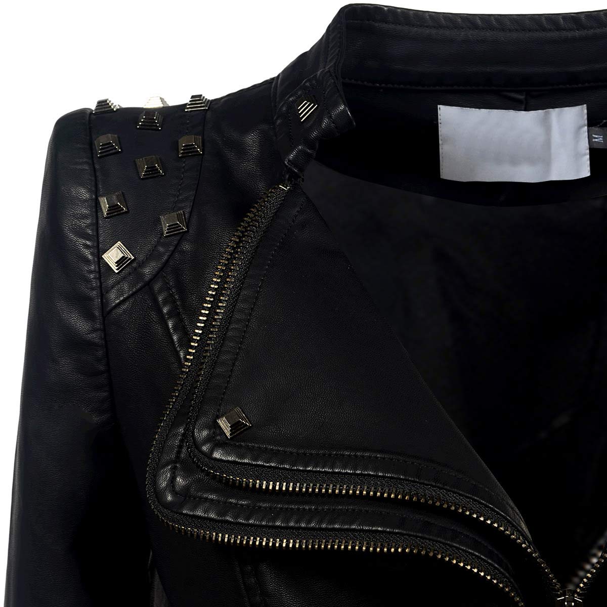 DISSA Veste moto femme en simili cuir Clous Corset Zip | Épaules cloutées, zip asym, zips taille, ourlet pointu, poignets zippés. Veste cloutée, manteau corset