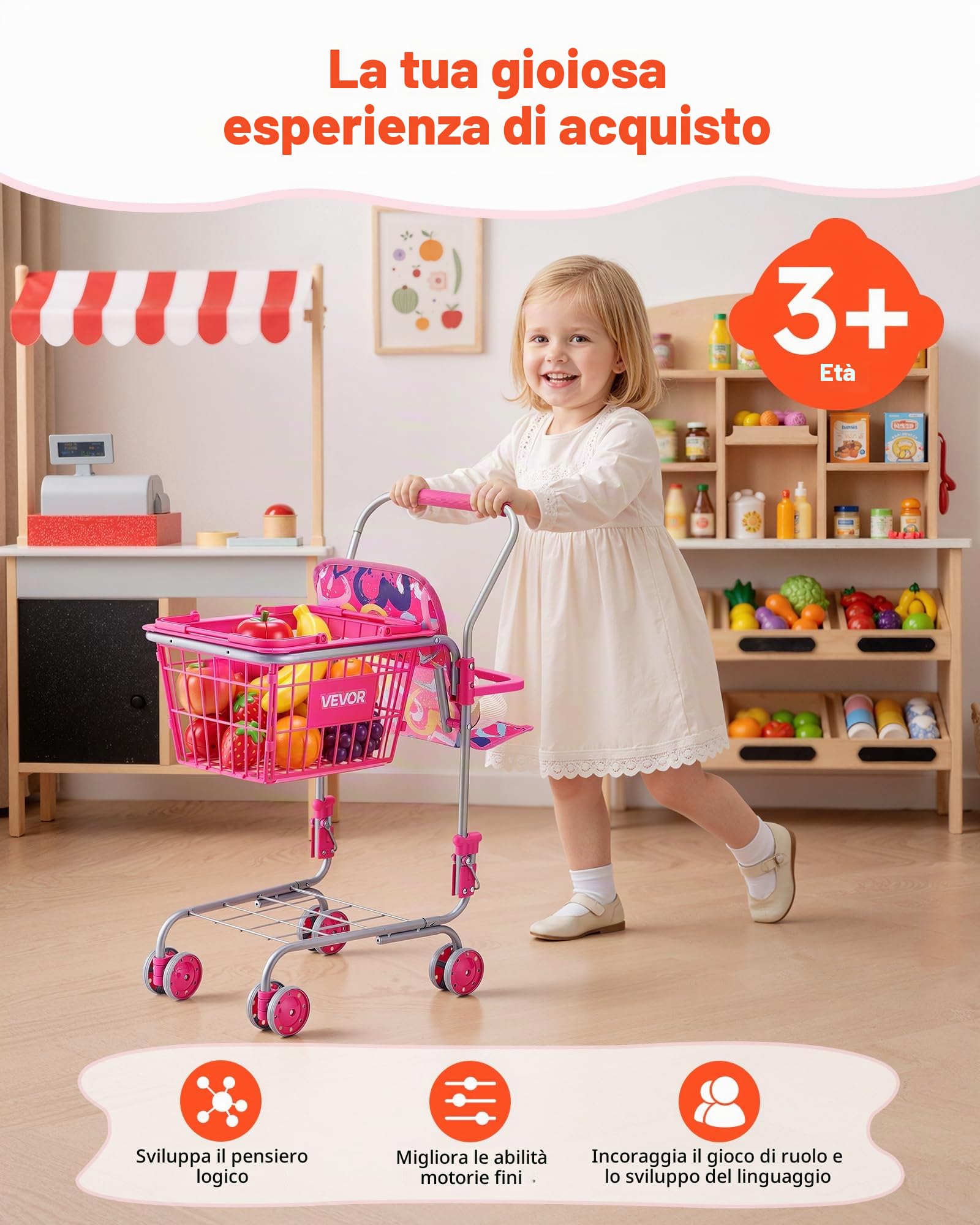 VEVOR Carrello della Spesa Giocattolo per Bambini dai 3 Anni, Carrello Supermercato Giocattolo, Telaio Robusto in Metallo, Sedile per Bambole, 4 Ruote Scorrevoli, Cestino a Rete, Facile da Riporre