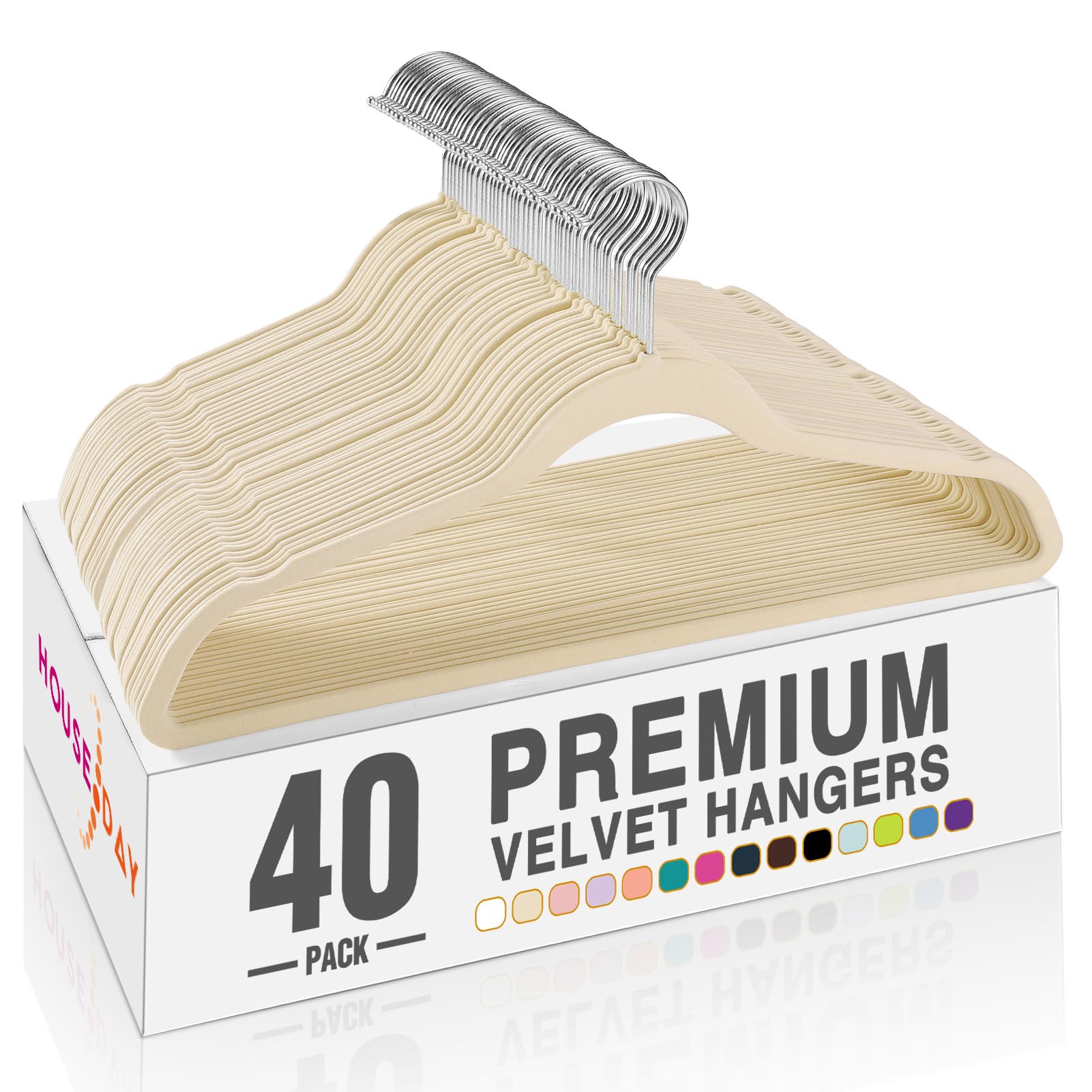 HOUSE DAY Hochwertige Samt-Kleiderbügel – rutschfeste Filz-Kleiderbügel, Kleiderbügel für Schrank mit 360 Grad drehbarem Haken – Kleiderbügel halten bis zu 4.5 kg – 40 Stück, elfenbeinfarben