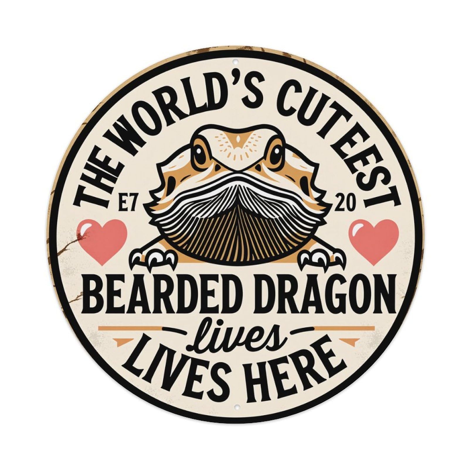 Bearded Dragon With Beard And Hearts Vintage Metal Tin Sign Retro Wall Decor for Home Bar Garage Cafe, Indoor & Outdoor Decorative，circle Metal Poster, 8x8 Inch