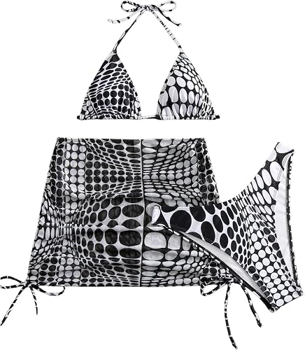 RoseSeek Women's 3 Piece High Cut Bikini Dots Print Halter Bathing Suit with Dra