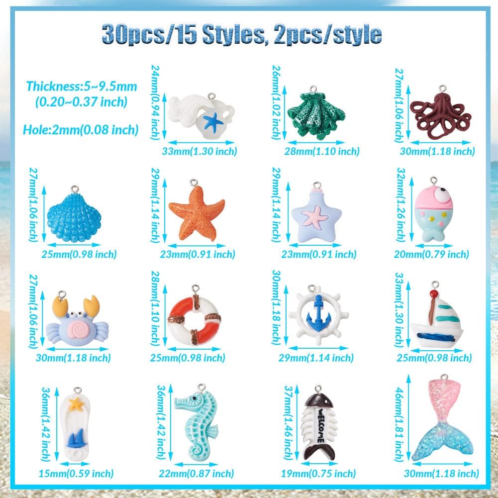 KISSITTY 30Pcs 15 Styles Summer Beach Charms Ocean Theme Resin Pendants Miniature Ocean Animals Charms with Iron Loops for DIY Necklace Bracelet Earring Jewelry Making Supplies - Image 7