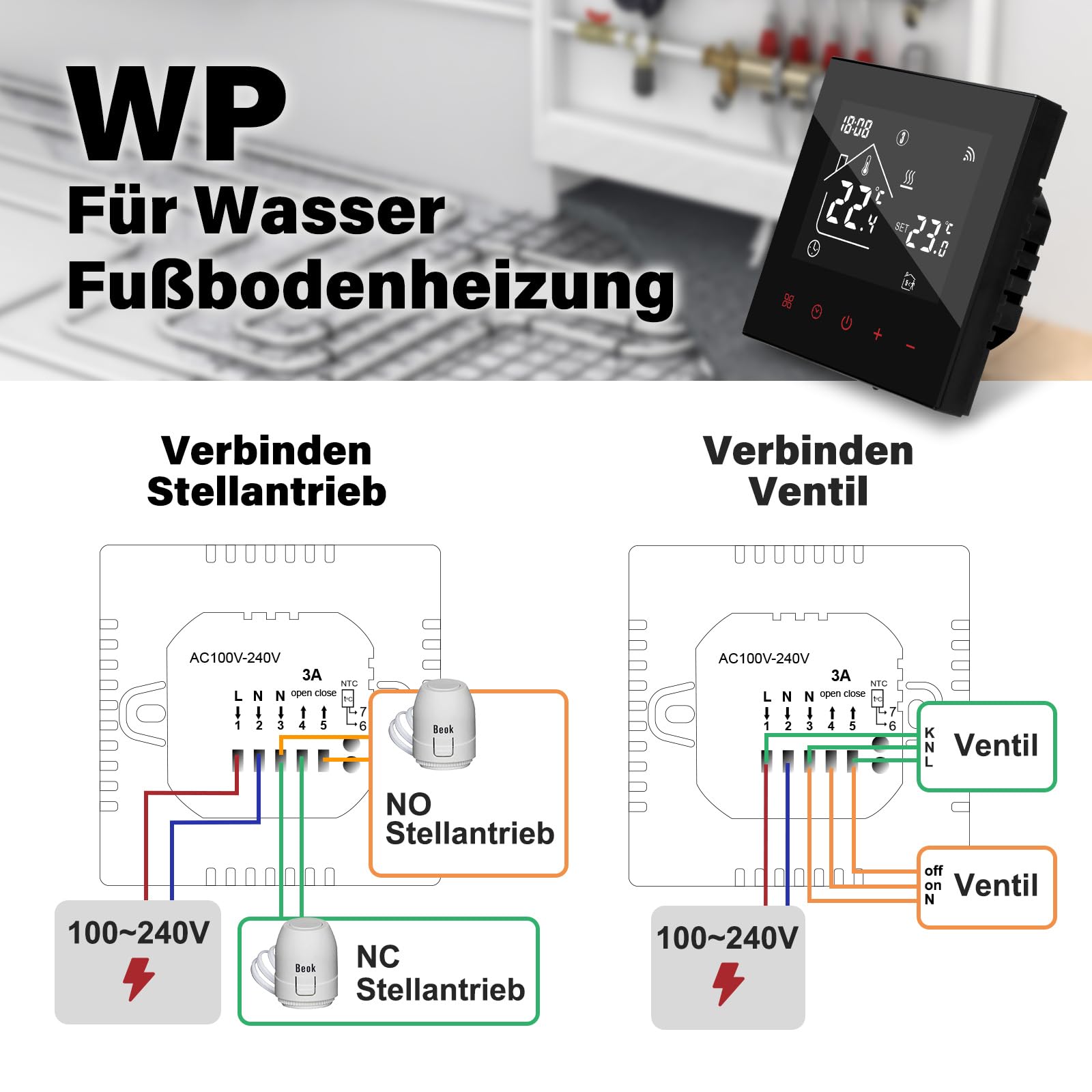 Thermostat Fussbodenheizung Smart für Wasser Fußbodenheizung, Beok WiFi Raumthermostat Thermostate Heizung Digital Programmierbar Kompatibel Alexa, Google Home 3A 230V TDR89B-WIFI-WP Schwarz