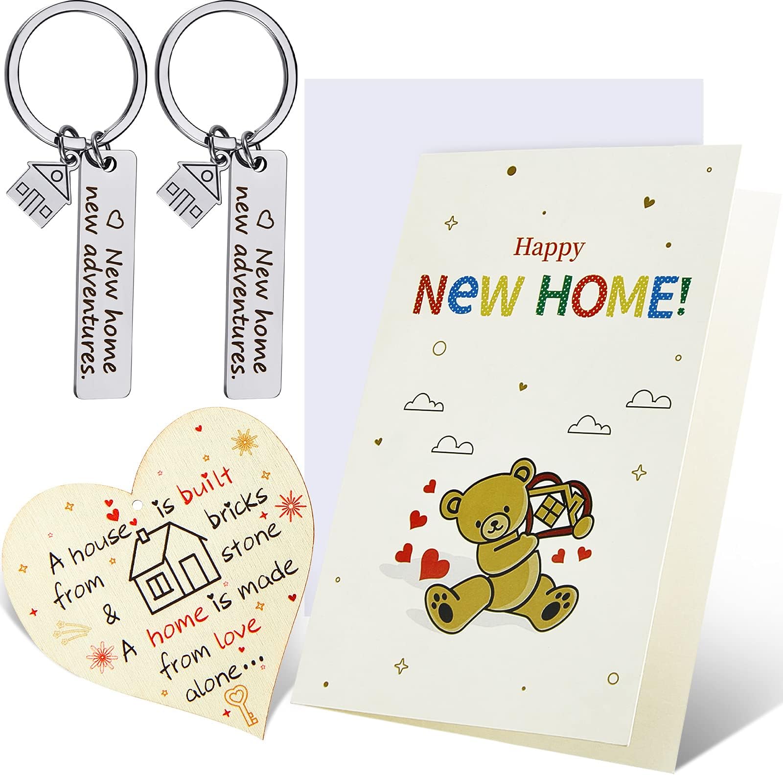 New Home Decoration Set Including 2 Pieces New Home Adventures Keychain and Cards with Envelope Wooden Hanging Heart Sign Plaque with Rope for Housewarming Decorations