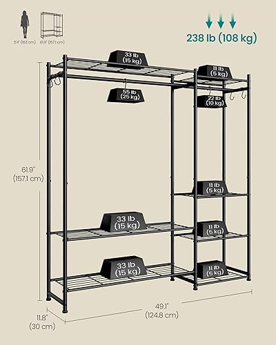 Miniatura 5 de SONGMICS Armario portátil de alta resistencia, perchero independiente con 7 estantes, 2 varillas para colgar, 4 ganchos en S, marco de metal, para