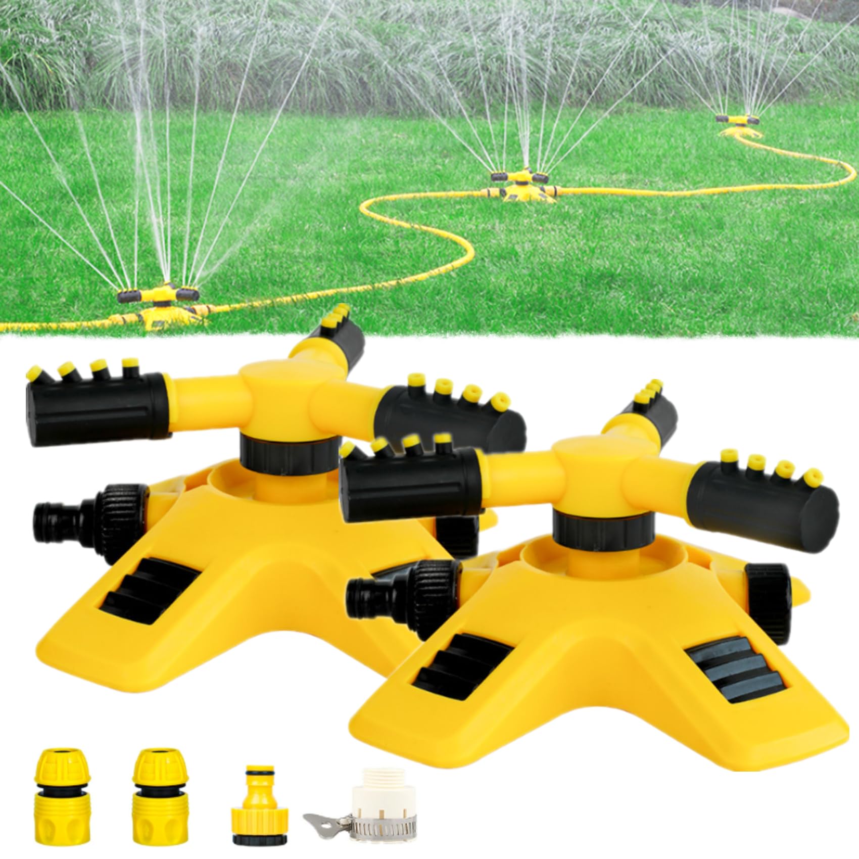 Water Sprinkler for Garden, 360° Adjustable Automatic Rotating Sprinklers for Lawns Yard, Large Area 3 Arm Coverage Rotating Water Irrigation System for Watering Your Plants Flowers Veggies (2 Sets)