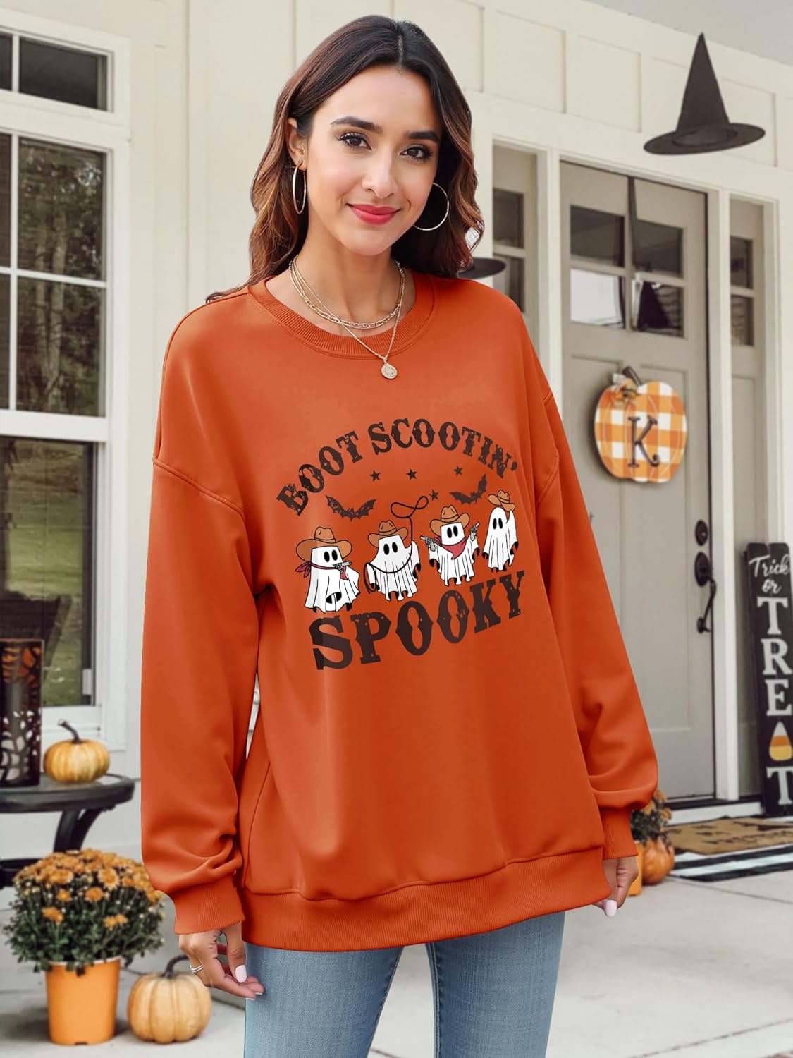 OUNAR Halloween Sweatshirts For Women Spooky Season Sweatshirt Oversized Halloween Ghost Shirt Fall Crewneck Pullover Tops - Image 5