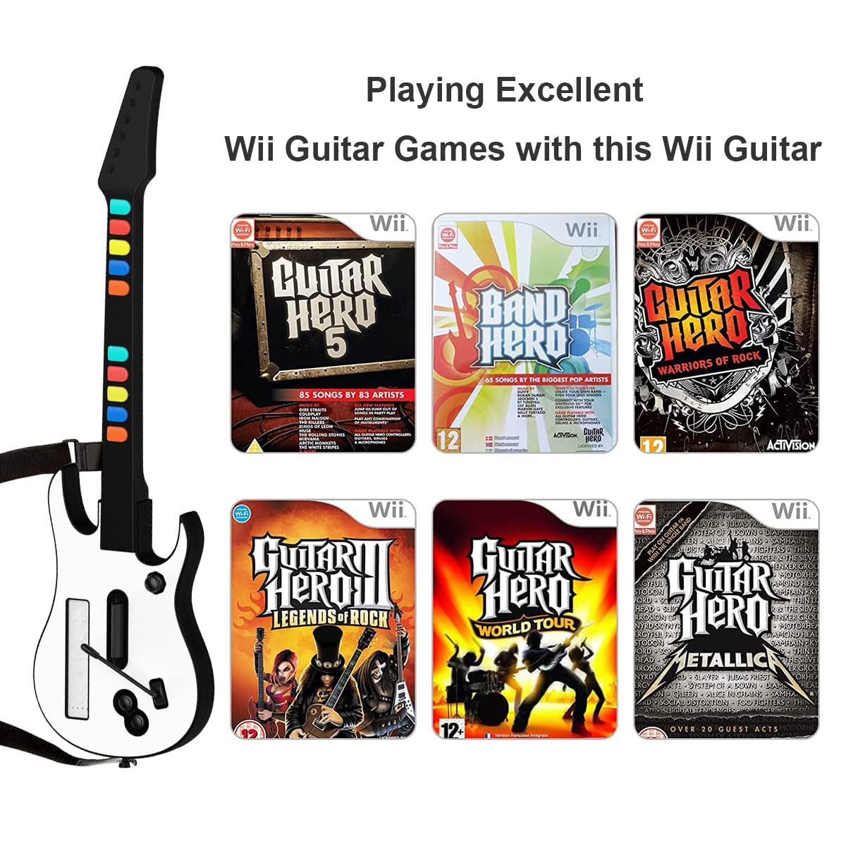 DOYO Wii Guitar Hero Guitarra Negro Wii Juegos y Rock Band Game para Guitarra Inalámbrica, Controlador de Guitarra Wii Desmontable(10)