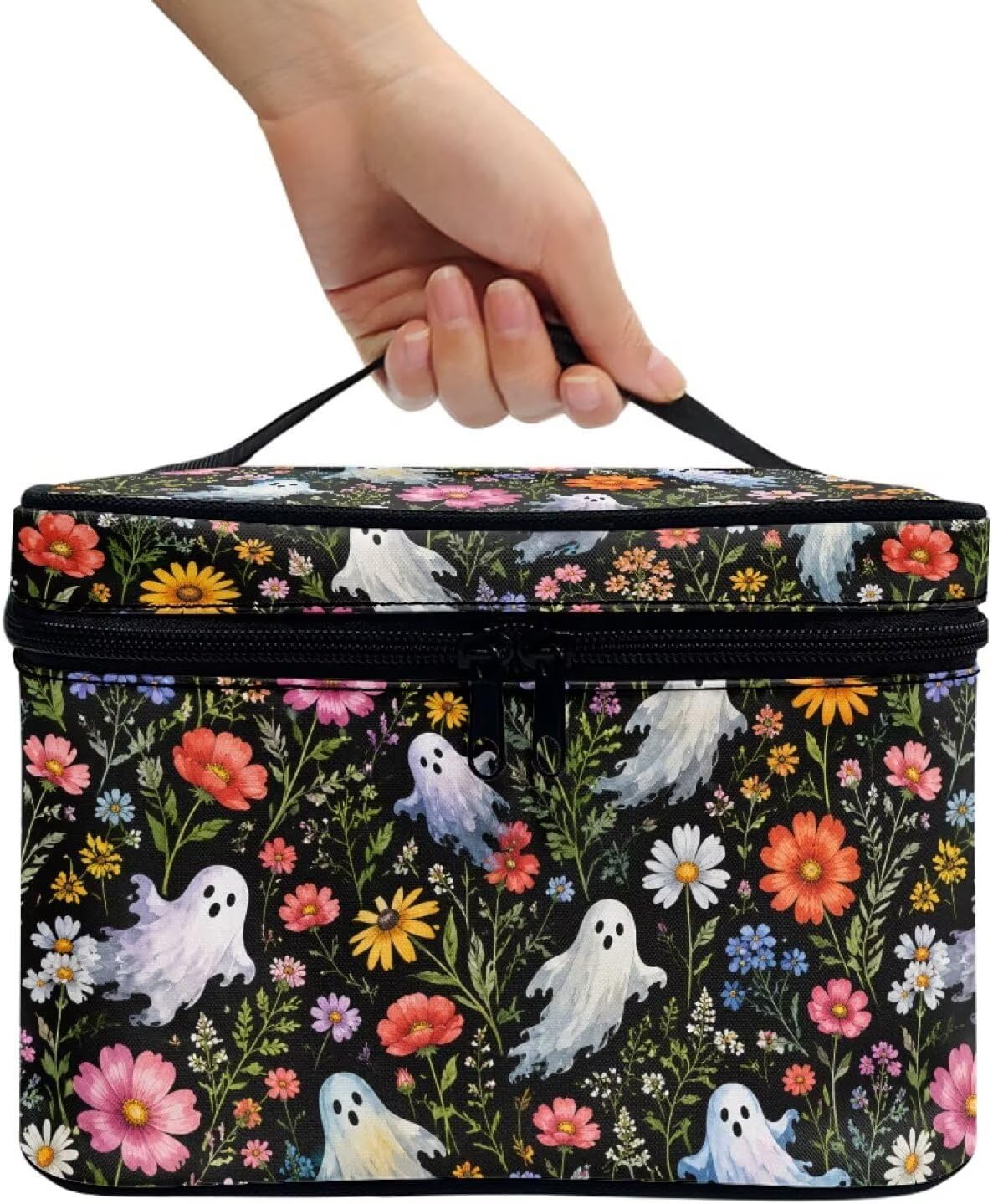 Halloween Ghosts Daisy Flower Pattern Travel Makeup Bags for Women Portable Tote Cosmetic Case with Carry Handle Toiletry Accessories Storage Organizer Bags image 3