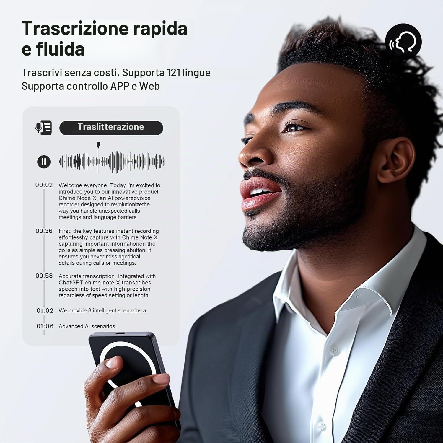 Registratore Vocale AI, Controllo APP del Registratore Vocale Digitale, Trascrizione e Sintesi e Traduzione Potenziato da ChatGPT, Ricarica Wireless, 64GB di Memoria per Conferenze, Riunioni, Chiamate