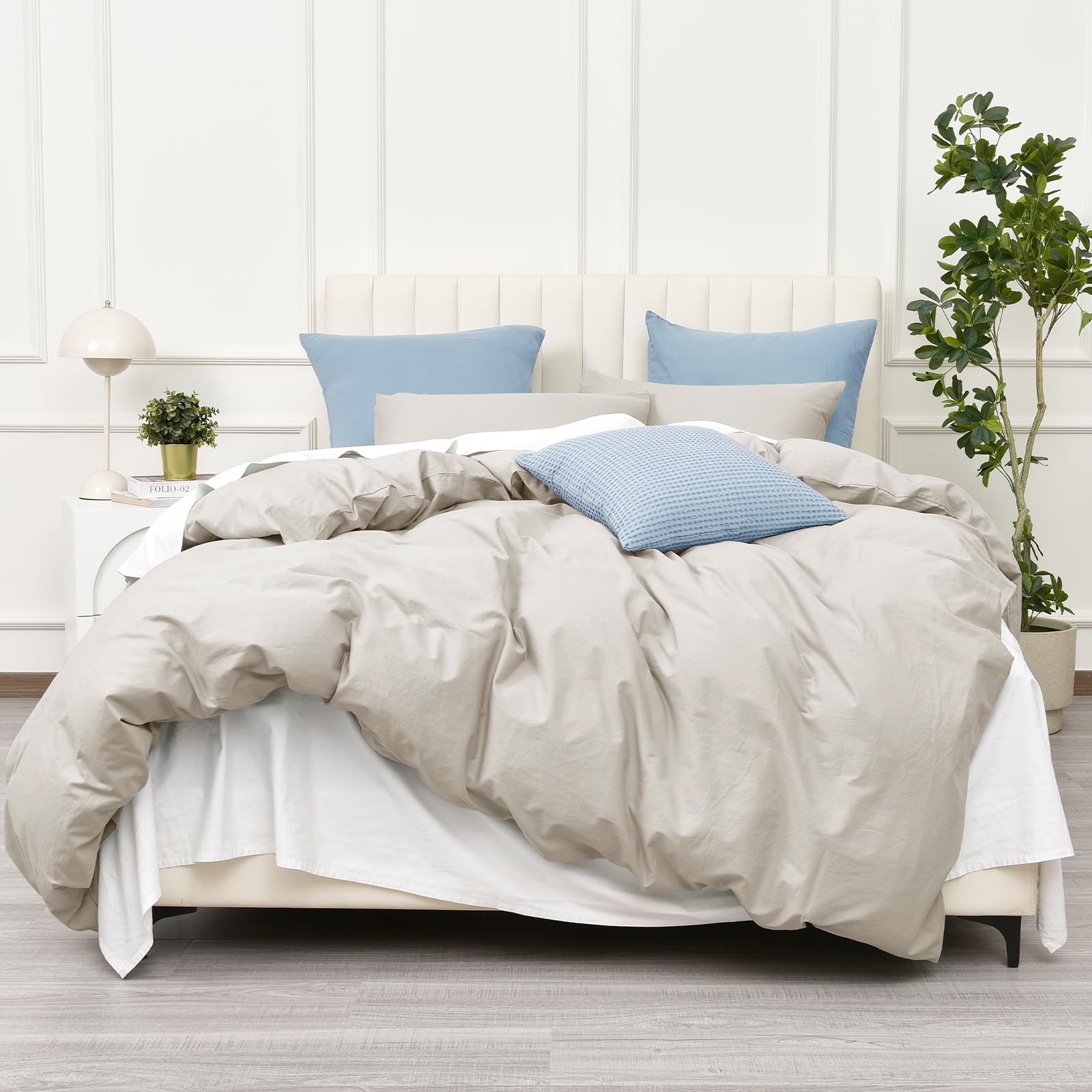 PHF Cotton Duvet Cover Queen Size, 100% Washed Cotton Linen Like Textured Comforter Cover, 3 Piece Soft Breathable Durable Cooling Duvet Cover for Hot Sleepers, 230cm x 230cm, Linen