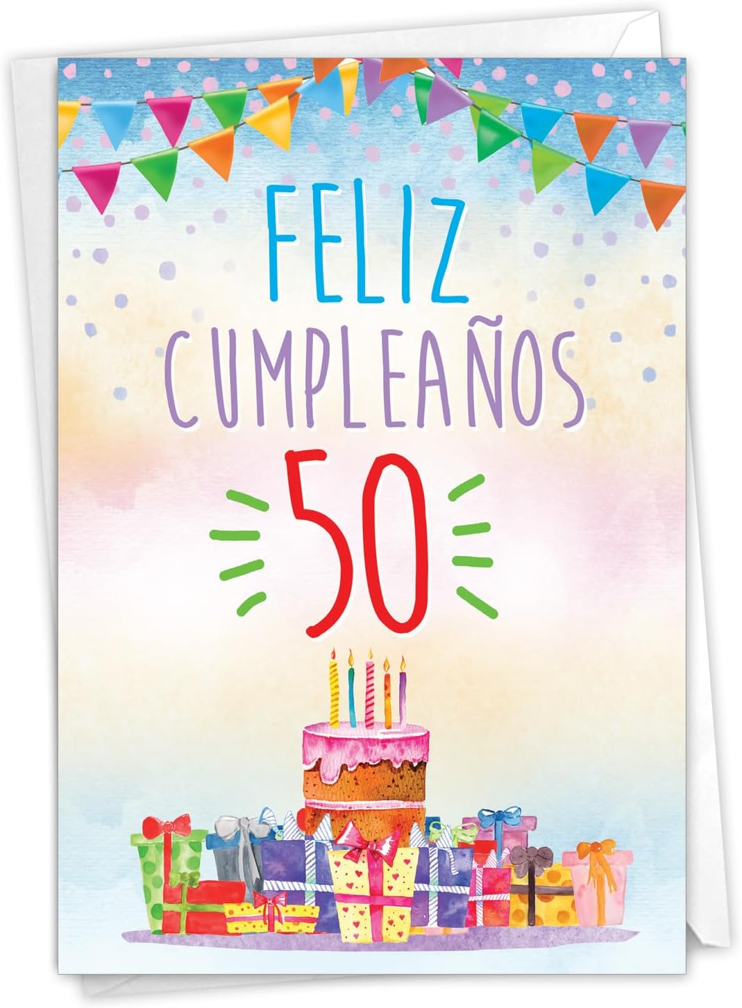 NobleWorks – 1 Tarjeta de Cumpleaños Española con Sobre – Tarjeta de Celebración Latina Hispana para Cumpleaños – Feliz Cumpleaños 50 C8835MBG-SL