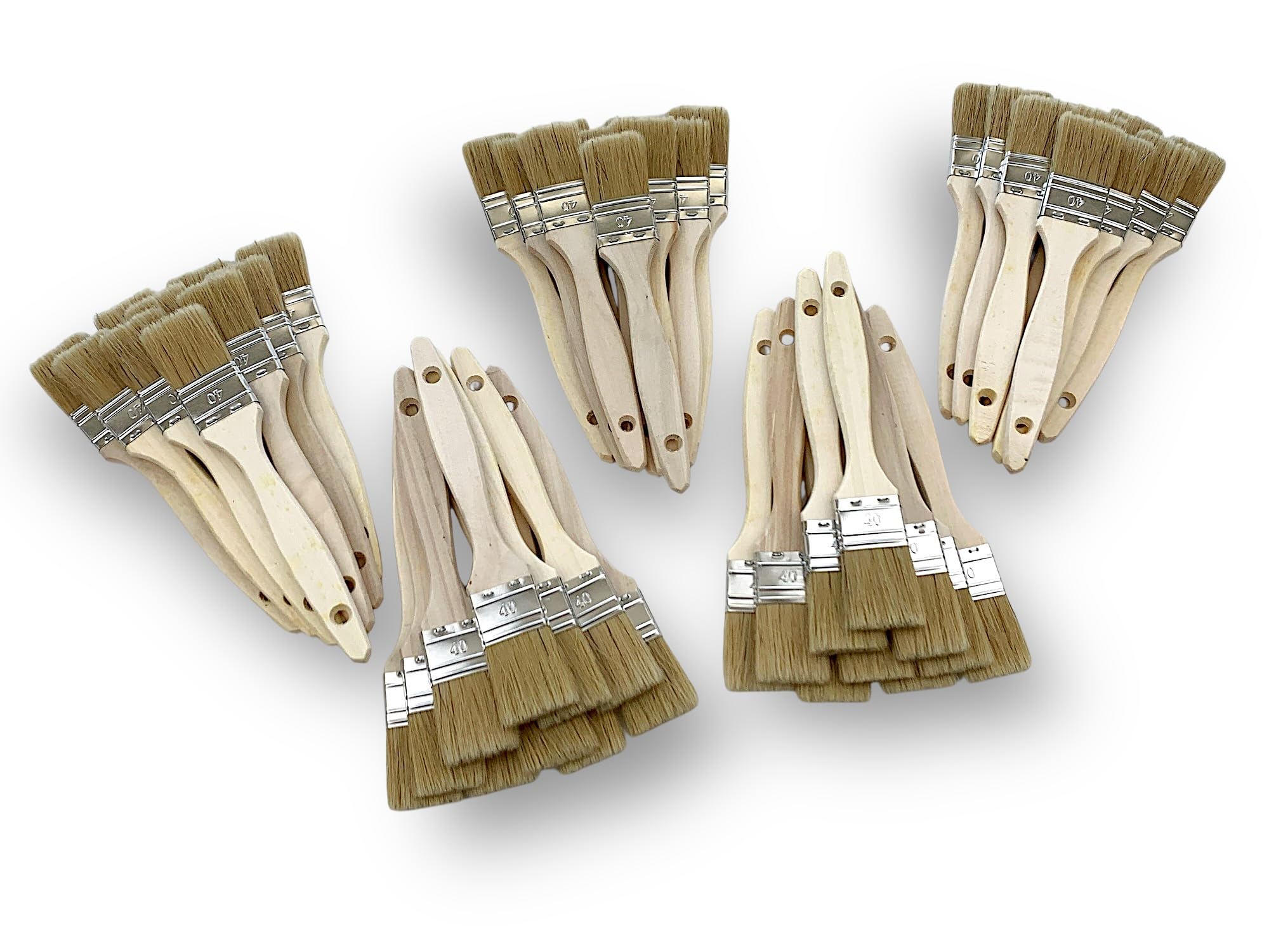 Lote de 50 pinceles de cola de bacalao 40 mm | seda blanca natural | mango madera en bruto | pinceles planos multisoporte, pintura en aceite, acrílico, barnizado, barnizado, pegamento | Kibros 320
