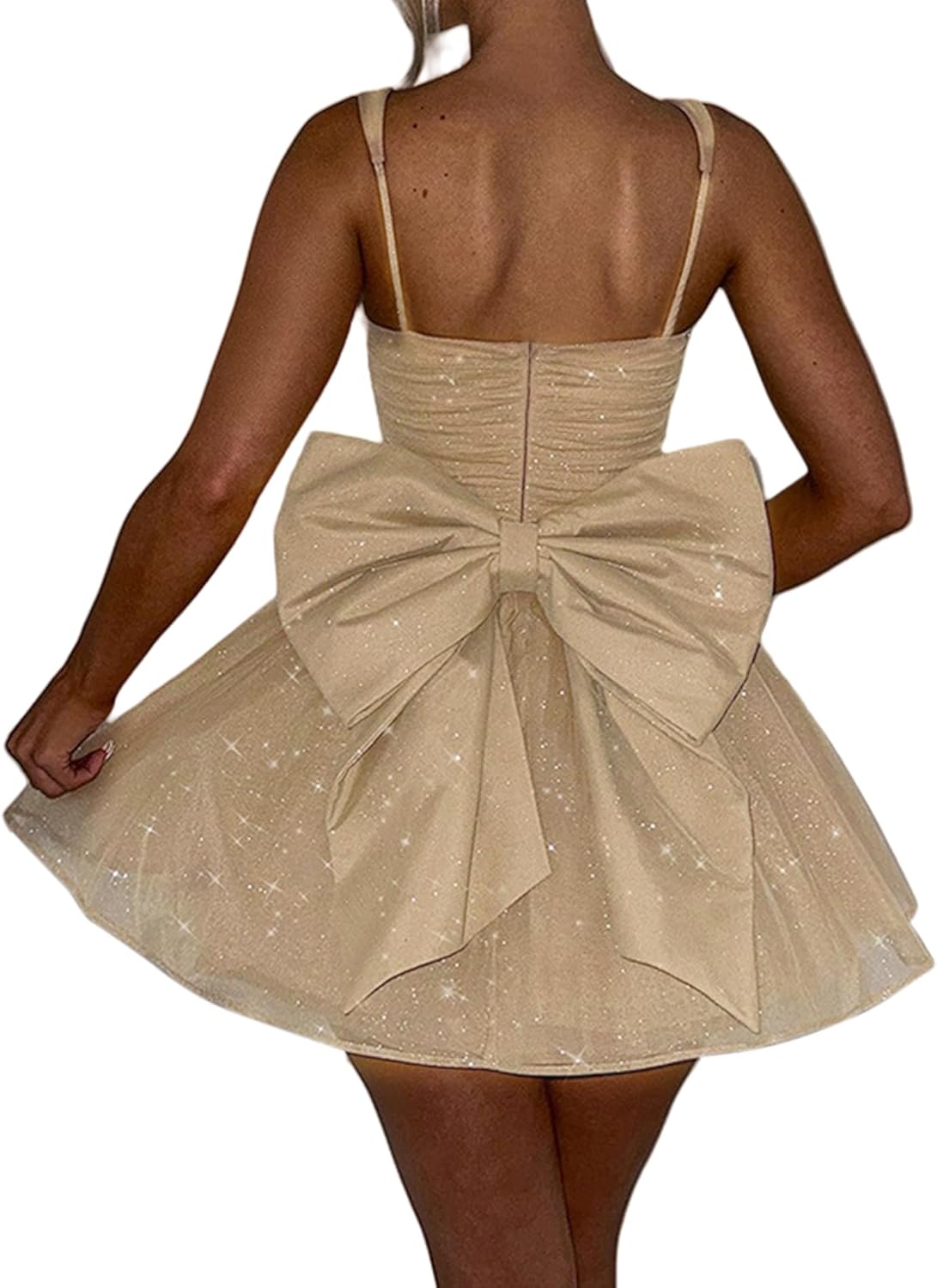 Women's Elegant Mini Dress with Bow Glitter Tulle A Line Short Dress Formal Evening Party Prom Homecoming Dresses