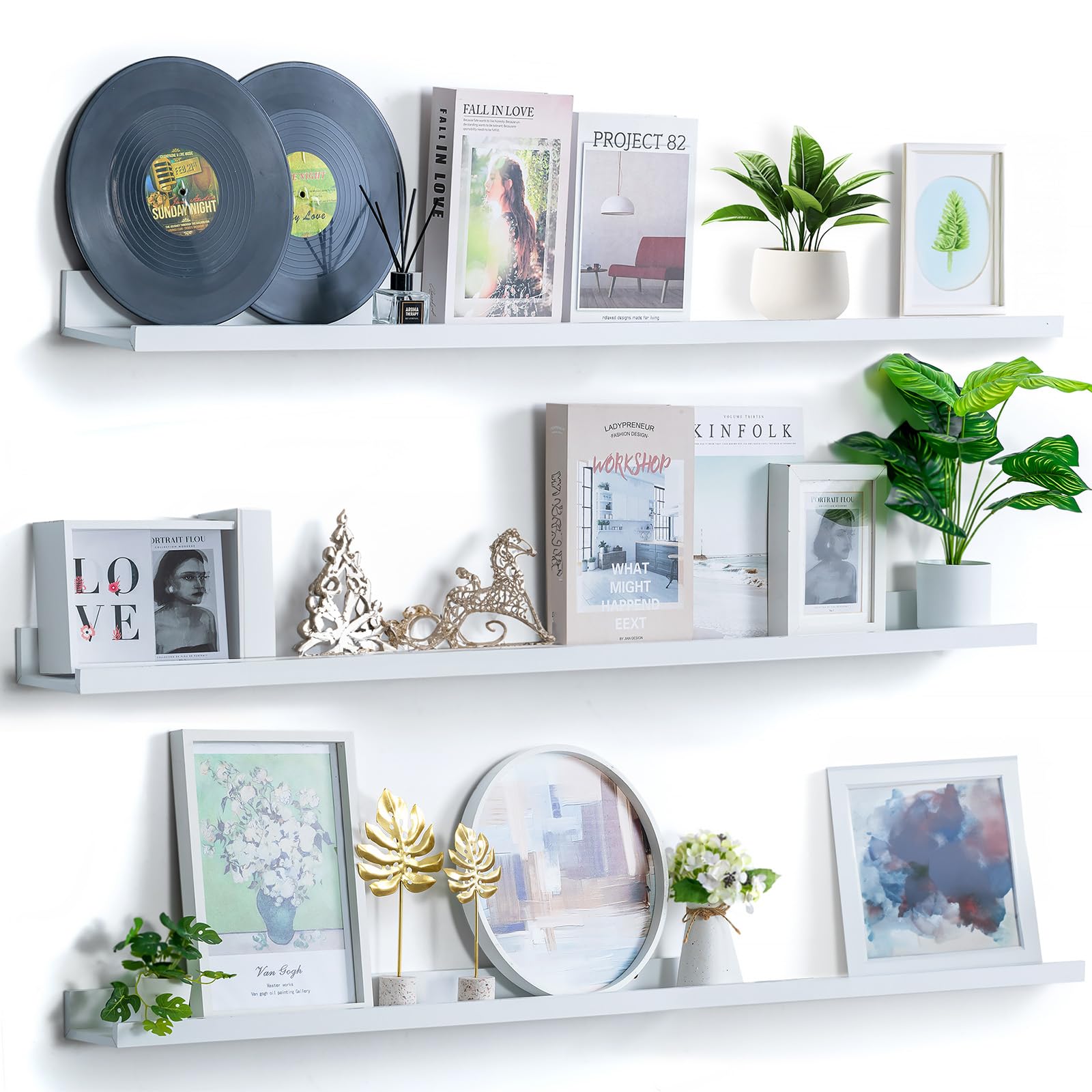 Long Shelf for Wall with Ledge: 35.4inch White Shelves for Bedroom Living Room - Wall-Mounted Shelf for Record Perfume Plant Toy