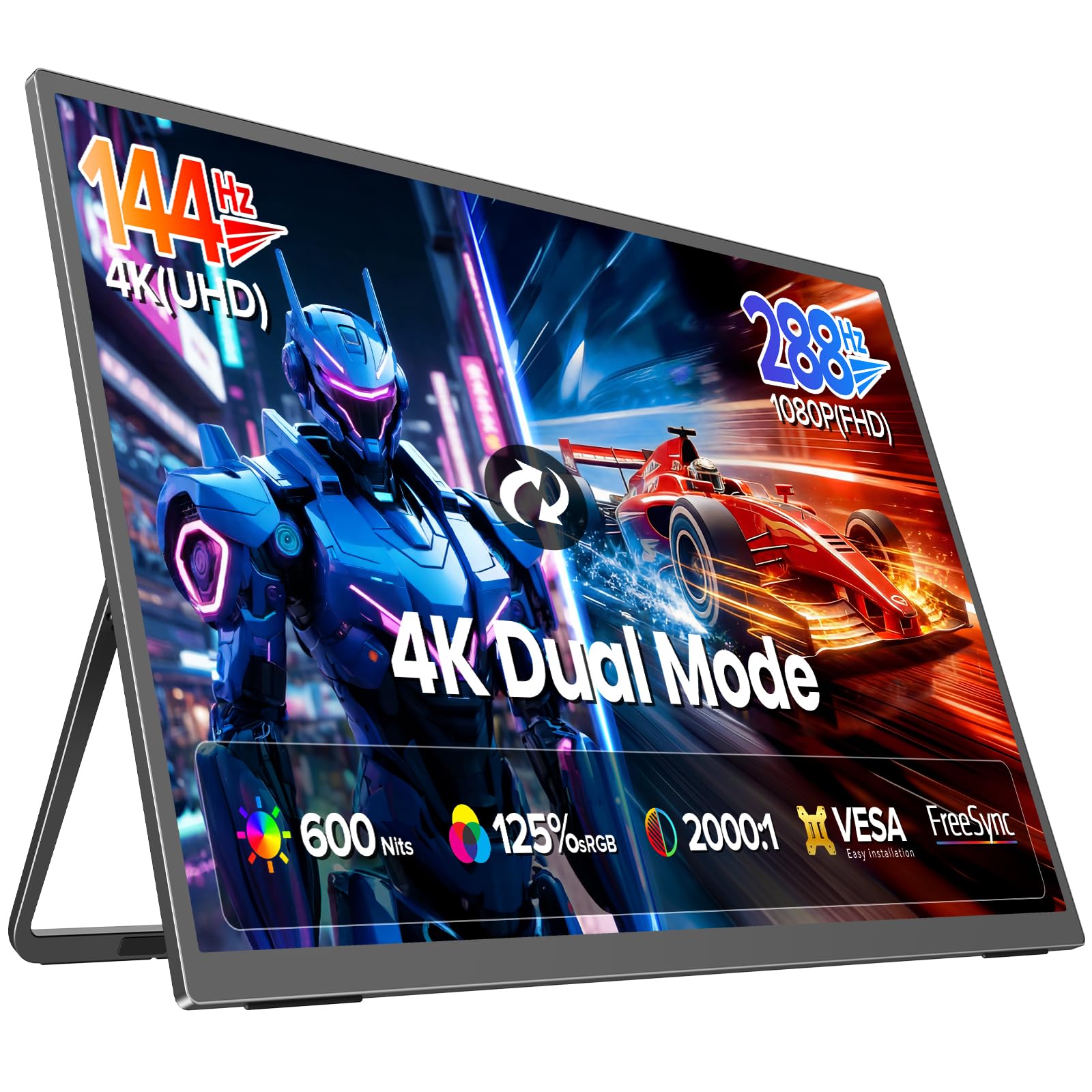 UPERFECT 27" 4K 144Hz | 1080P 288Hz Dual-Mode Portable Monitor mit 600 Nits, 2000:1 Kontrastverhältnis, 125% sRGB, HDMI 2.1, DP und USB-C-Anschluss für Laptops, PCs und Spielekonsolen, VESA-kompatibel