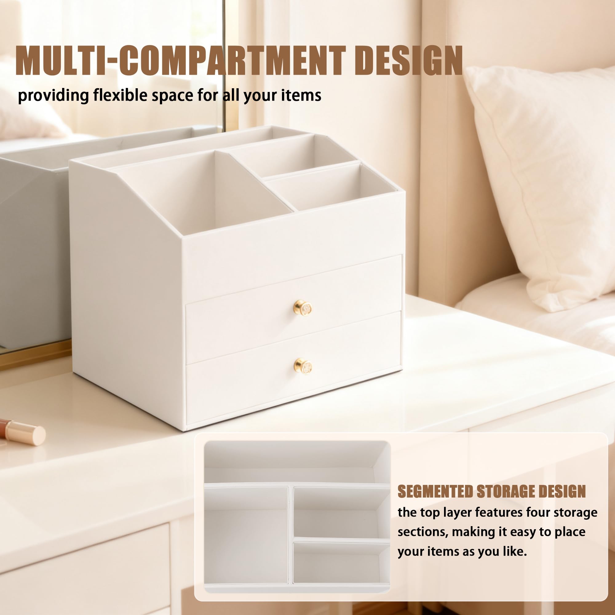 Homeanda Organizer per trucchi in finta pelle con 2 cassetti, organizer da scrivania per cosmetici, rossetti, prodotti per la cura della pelle e gioielli (bianco)