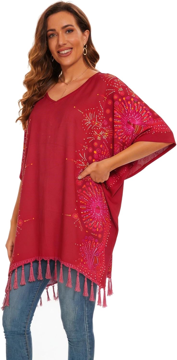 Beautybatik Women Plus Size Tunic Tops Boho Flora Printed Short Sleeve V Neck Shirt XL to 4X