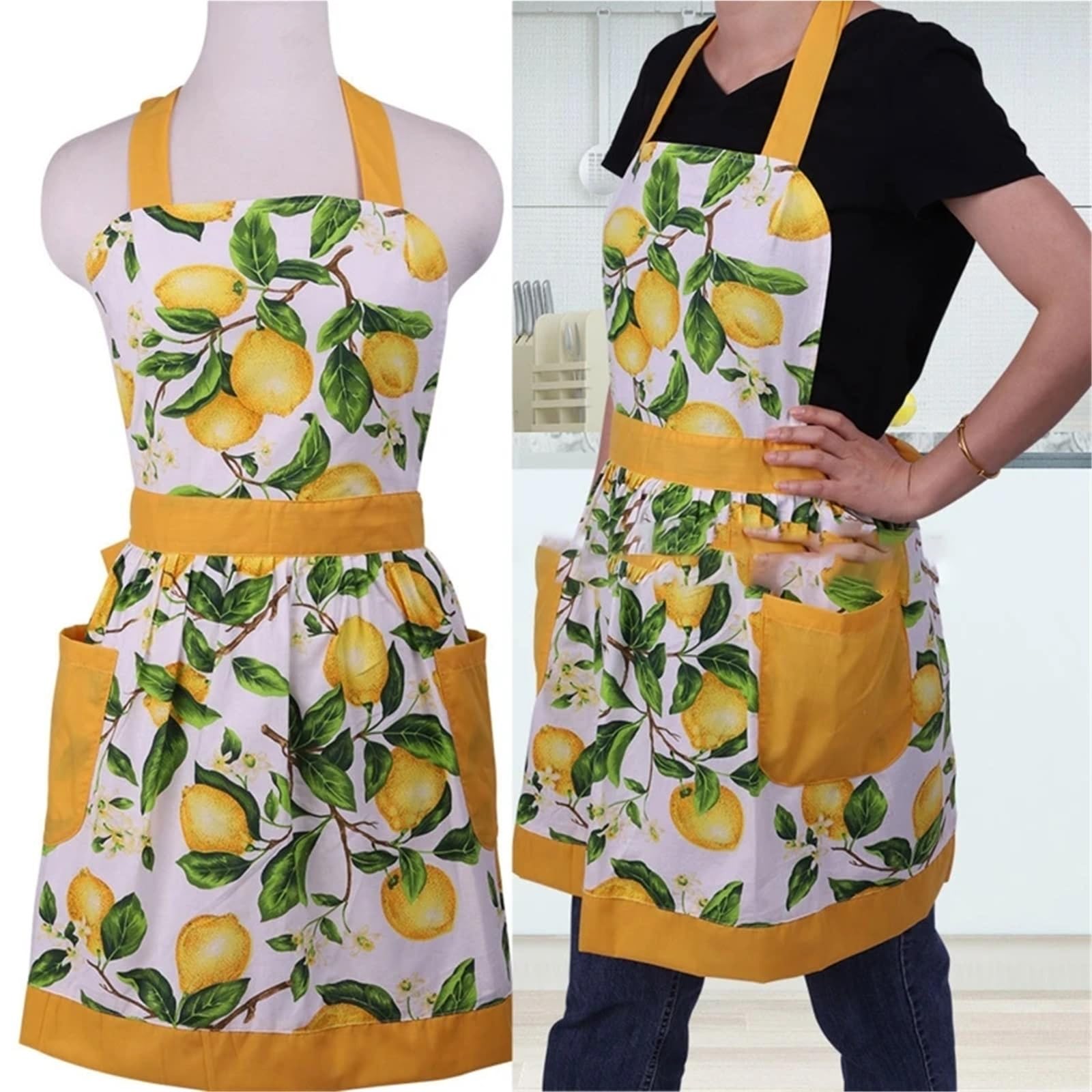 Tablier De Chef Tablier de cuisine avec poches, feuilles vertes, citron, sans manches, sangle de cou suspendue à la taille, for adultes, peinture de cuisine, bavoir de jardinage