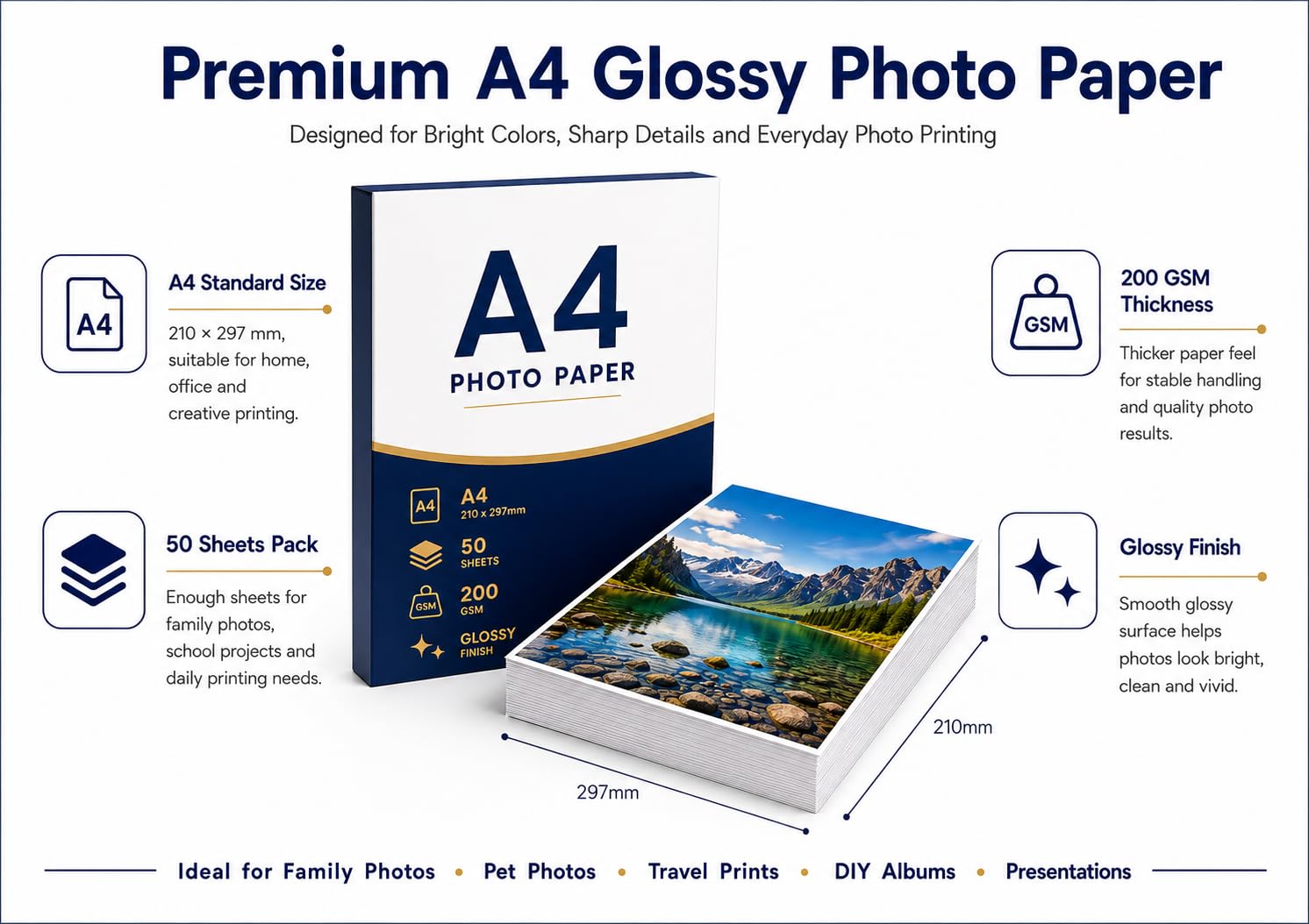 Carta Fotografica A4 Lucida 200g/m² 50 Fogli Bianco Brillante