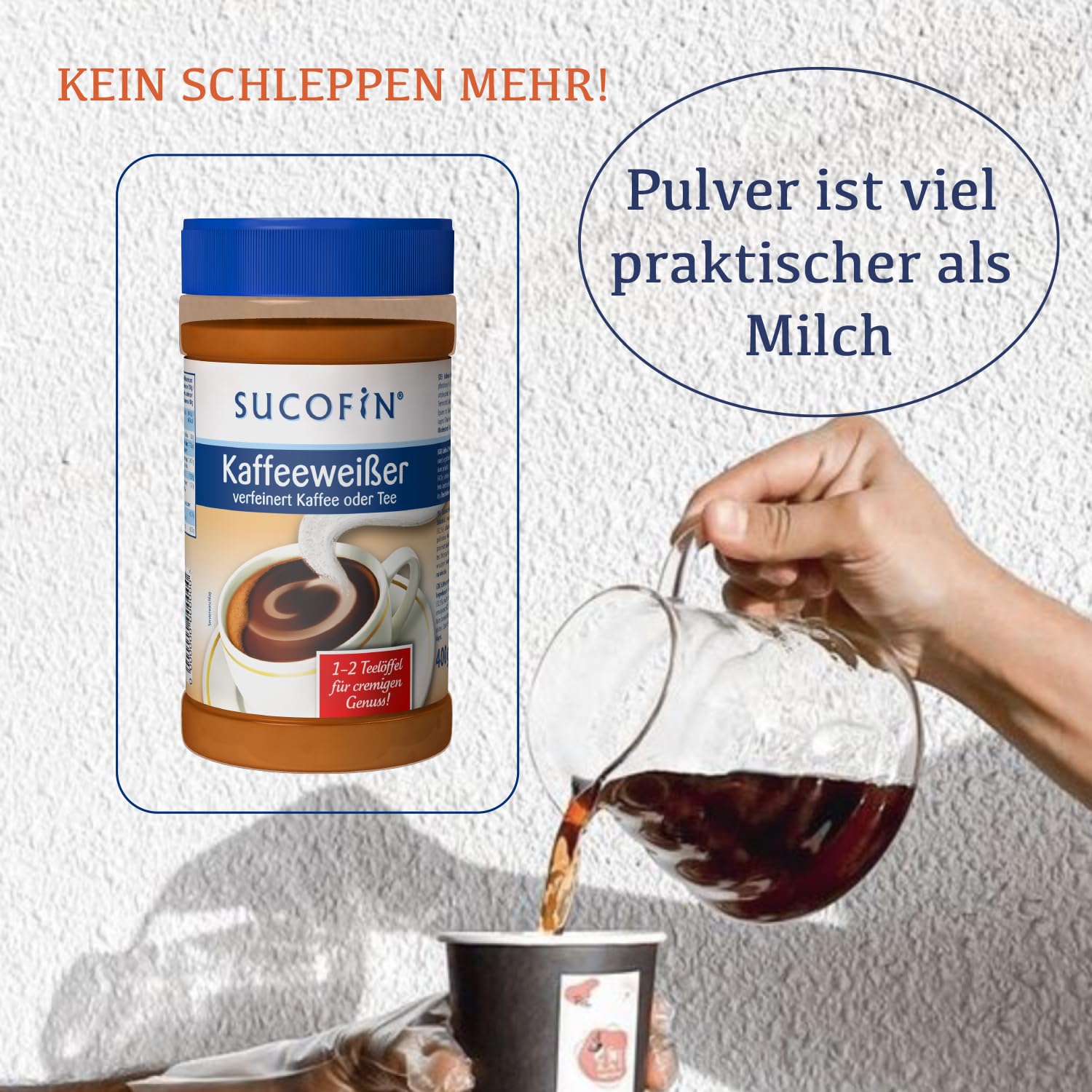 SUCOFIN Juego de 6 botes de 400 g para café y té, fácilmente soluble, larga duración, reemplazo perfecto para leche en polvo, pack de 6 para un disfrute cremoso