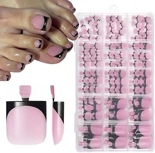 150Pcs Black French Tip Press On Toenails Square Medium Fake Toenails Matte Pink Press on Toe Nails for Woman Summer Nail Kits -15 Sizes
