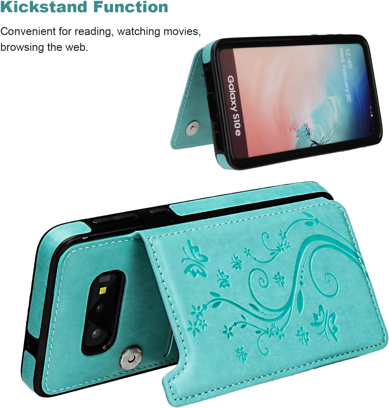 Vaburs S10e Case Wallet with Card Holder, Embossed Butterfly Premium PU Leather Double Magnetic Buttons Flip Shockproof Protective Case Cover for Samsung Galaxy S10e(Butterfly Mint Green)
