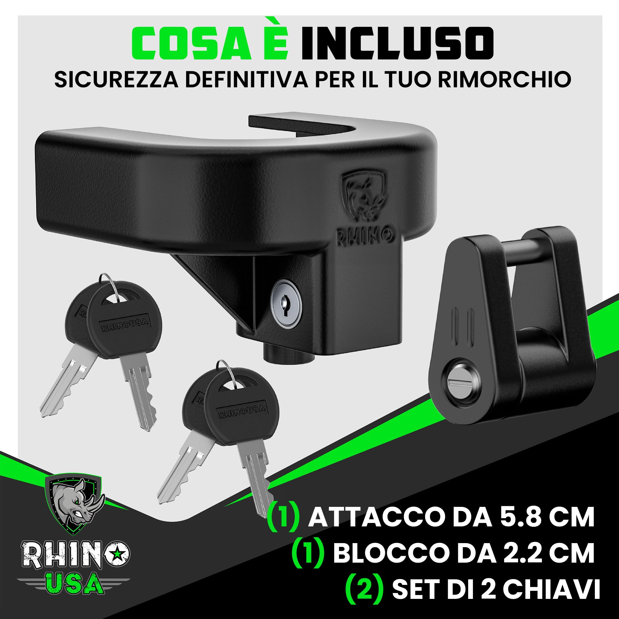 Rhino USA Kit di Blocco per Gancio di Traino per Rimorchi da 5.87cm (59mm) 2-5/16 Pollici – Serratura di Sicurezza per Coppia Antifurto Rimorchio per Camper, Caravan, Barca –Serratura Rimorchio Gancio