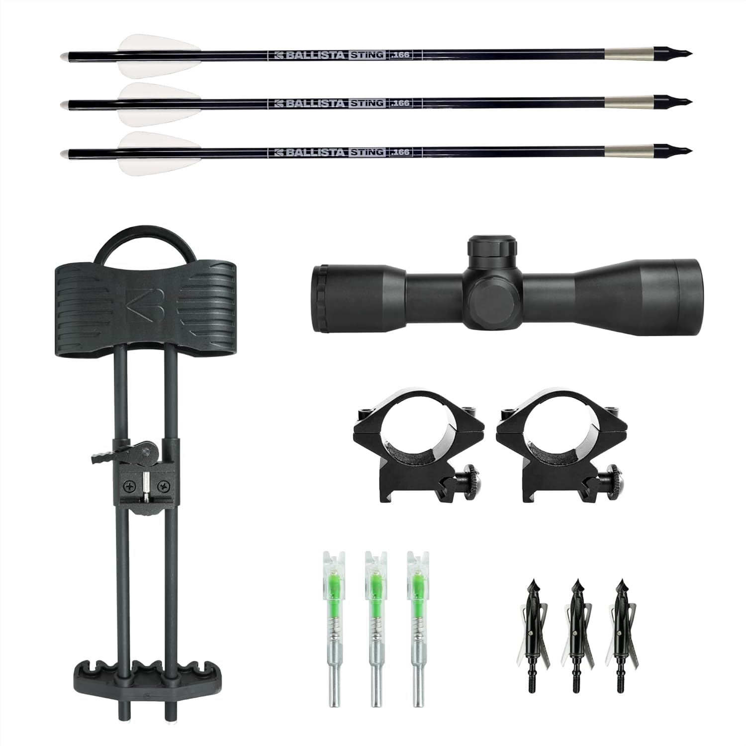 BALLISTA Crossbow Hunting Kit – 4x32 Scope, 16" Sting Carbon Bolts, 100gr Broadheads, Lighted Nocks, 4-Arrow Picatinny Quiver