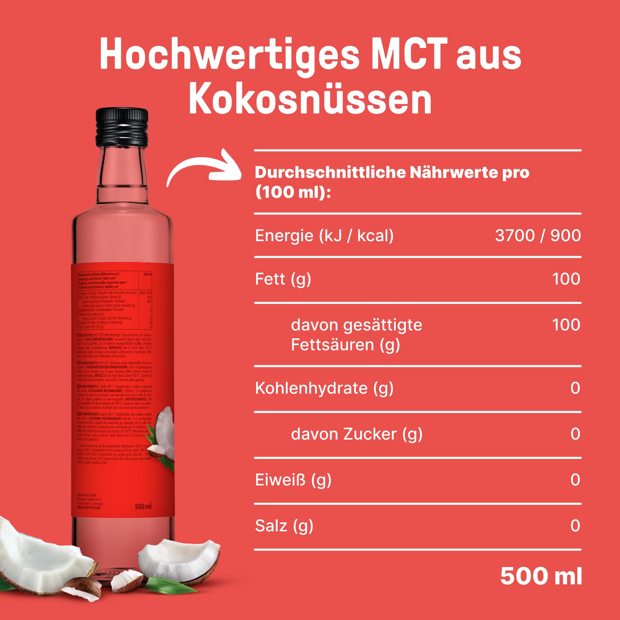 BRAINEFFECT MCT-Öl C8 BUNDLE (2 * 500ml) - Bildet 300% mehr Ketone als andere MCT-Öle (100% C8) - Ketogene Ernährung - Reiner Extrakt aus Kokosnussöl - Ideal für ketogene Diät & Bulletproof Coffee