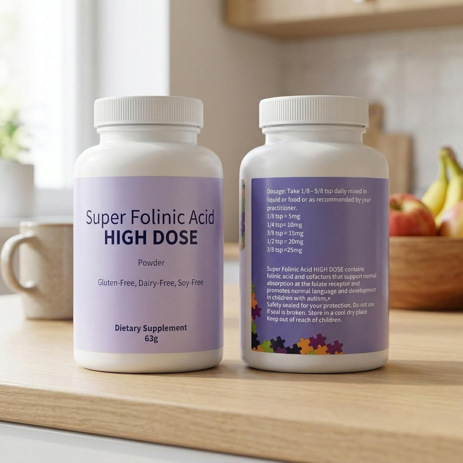 Sentk Super Folinic Acid High Dose Powder 2 Pack, 63g Per Bottle - Active Folate (Leucovorin) Supplement, Folic Acid Metabolism Support, Gluten-Free, Dairy-Free, Soy-Free