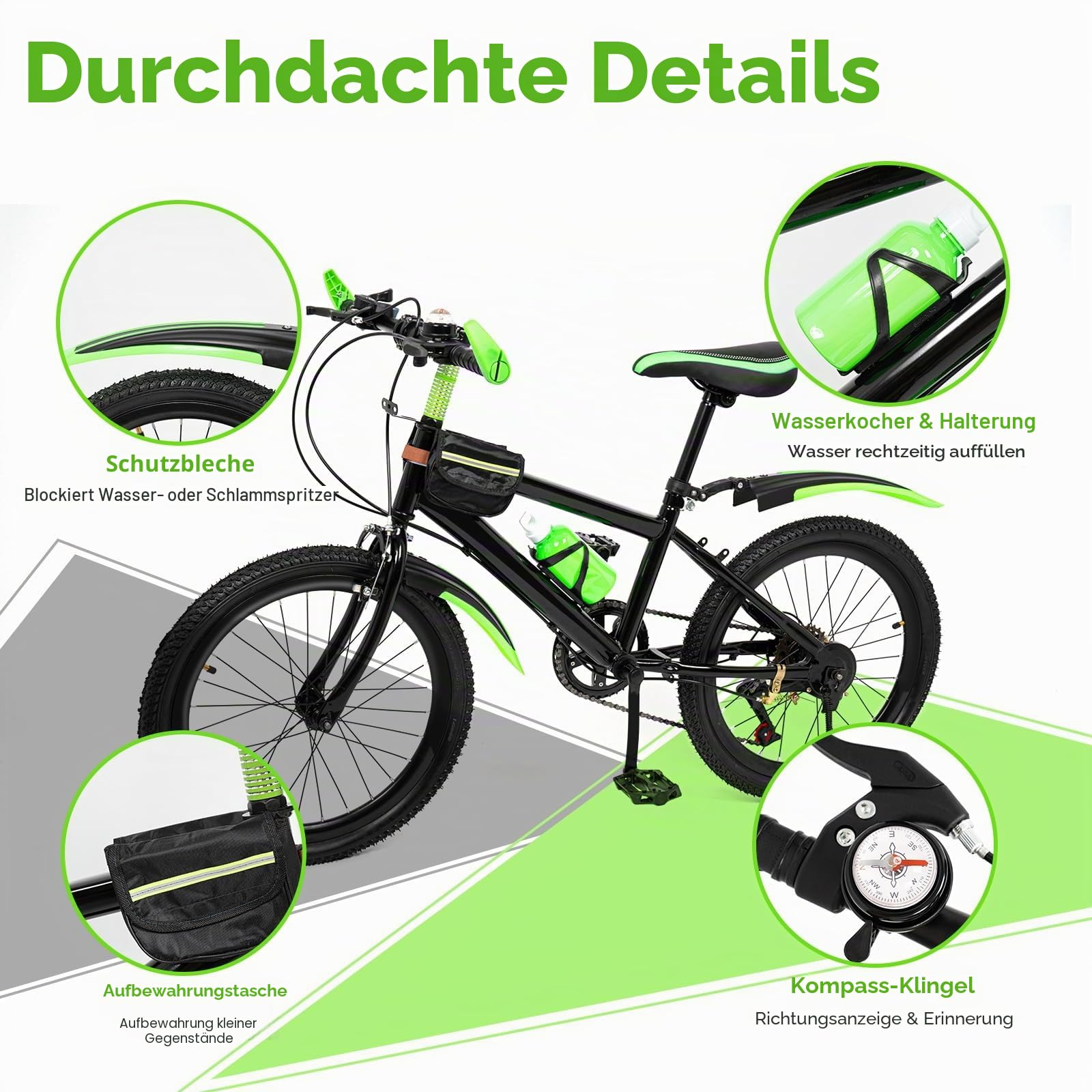 LENJKYYO 20 Zoll Kinderfahrrad Mountainbike, 7-Gang Fahrrad mit Kompassglocke & Trinkflasche, Kinder Fahrrad ab 6 Jahre mit Schutzblechen, Carbonstahl Rahmen Kinderfahrräder(Jungen&Mädchen) Sport & Freizeit
