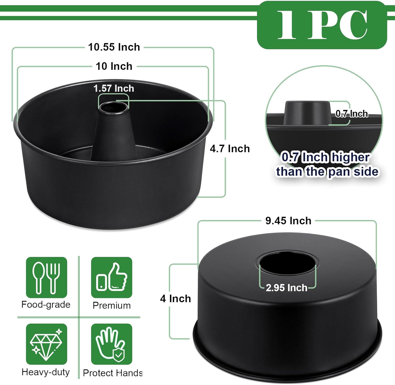 P&P CHEF Angel Food Cake Pan, 10 Inch Cake Pan Round Baking Tube Tin for Baking Pound Cakes, Conical Hollow & One-piece Design, Stainless Steel Core & Heavy-duty, Oven Safe - Black - Image 2