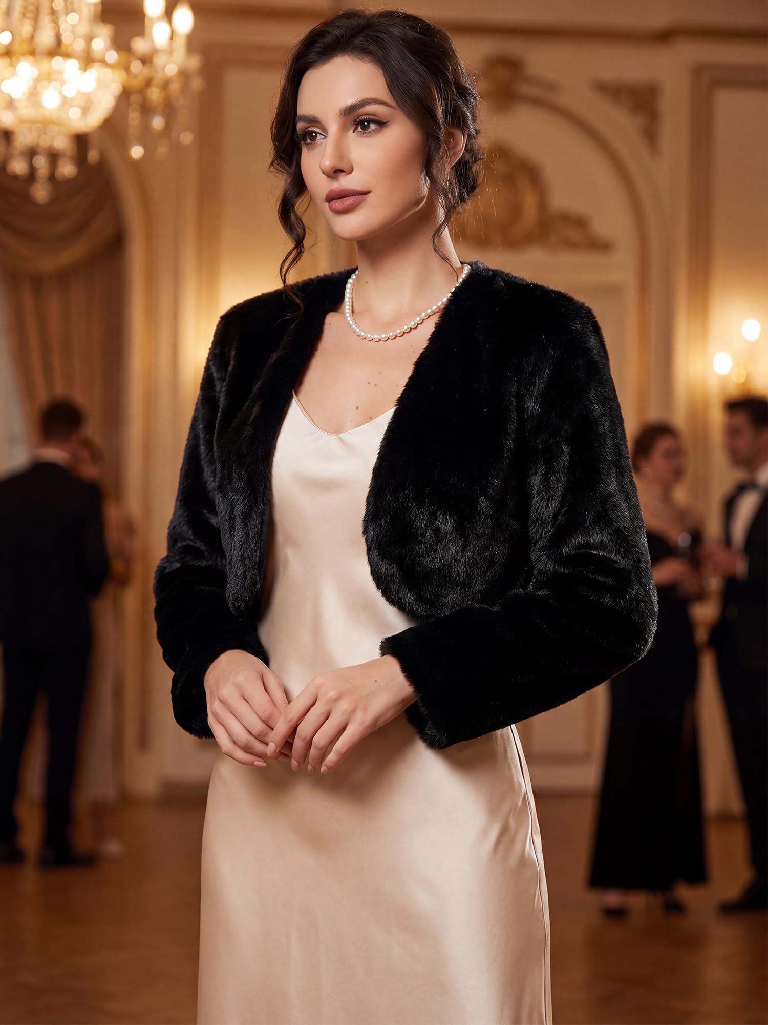 Allegra K Veste Courte Femme en Fausse Fourrure Boléro en Peluche à Devant Ouvert Sans Col à Manches Longues Manteau Court Hiver