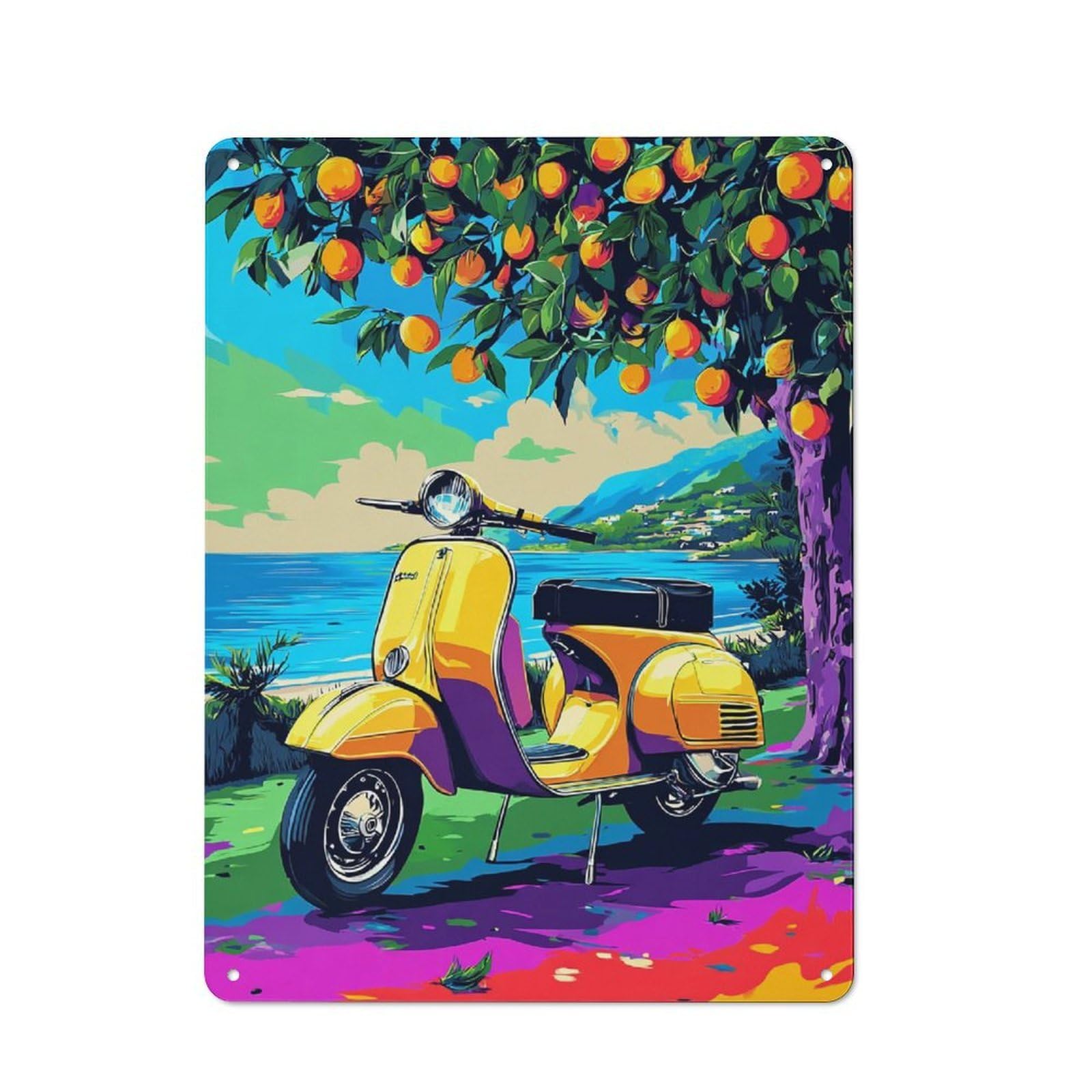 Junmoney Vibrant Scooter By The Sea -3 Office Metal Sign With Design 40X30cm, Classic Study Room Decor For Office, Study, Studio Or Hallway