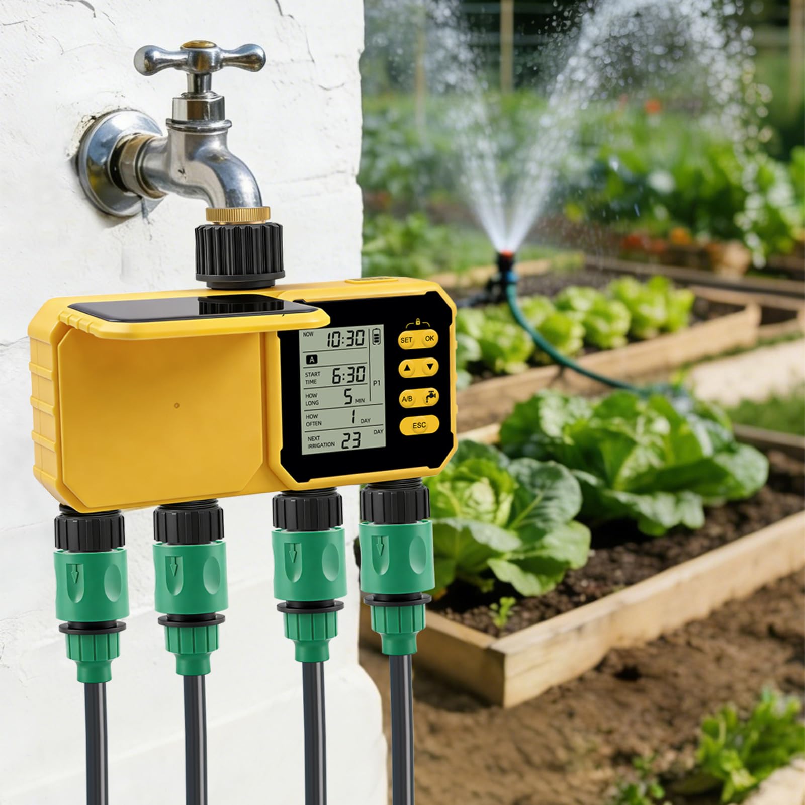 Asixxsix Temporizador de riego con Sensor de Lluvia Inteligente, Programa Personalizable, Controlador de riego con Doble alimentación, Temporizador de Agua para Jardines y céspedes