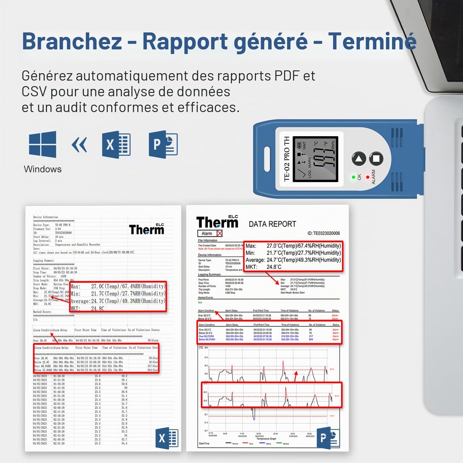 5 PCS ThermElc TE-02 Pro TH Enregistreur de Température et d'Humidité USB, CSV/PDF Automatique, Certificat d'étalonnage et Comparaison Multi-appareils pour la Cartographie des Entrepôts Frigorifiques