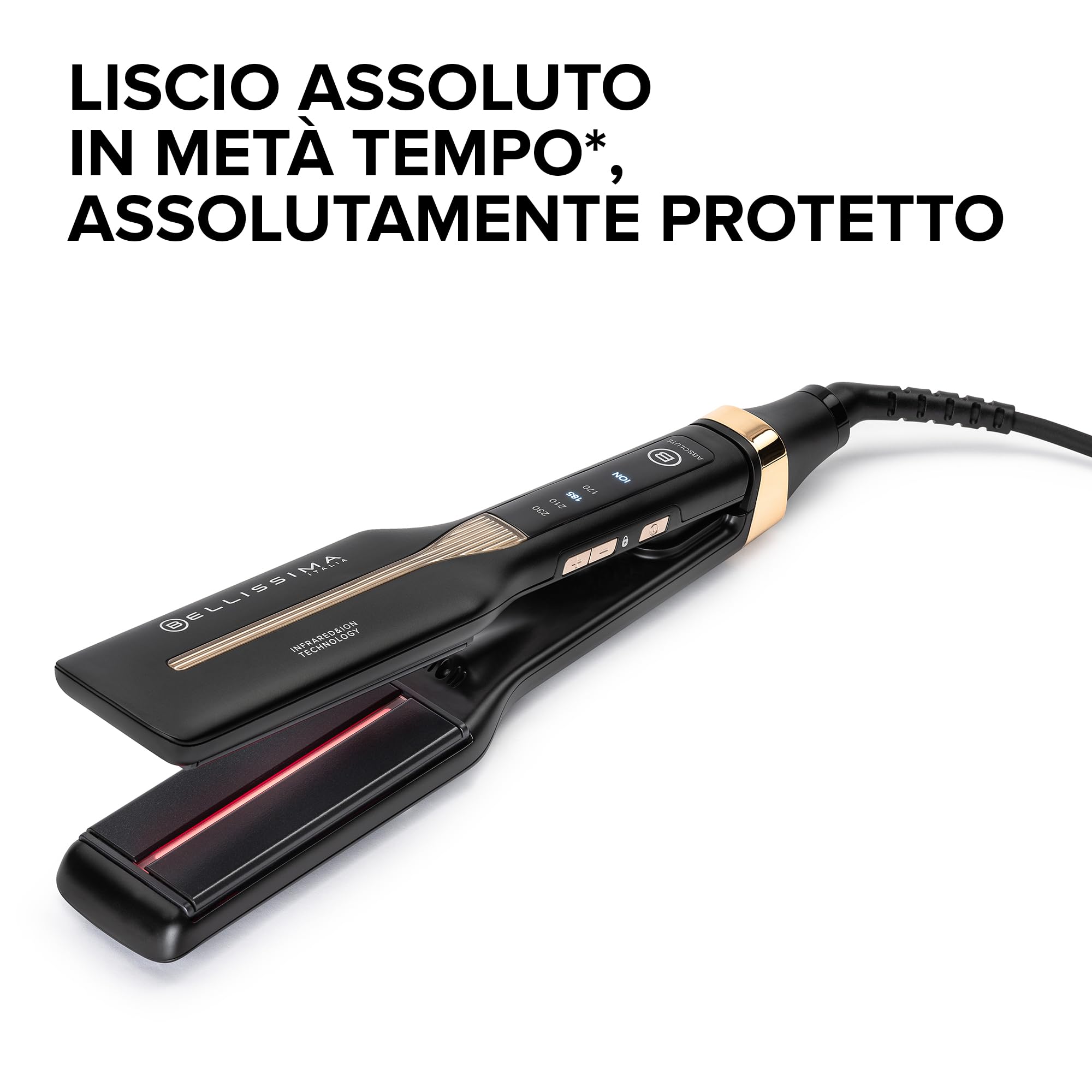 Bellissima Imetec Absolute, Piastra per capelli professionale con piastre 4XL, Infrarossi e tecnologia a ioni, Controllo del calore, Rivestimento in ceramica e cheratina, 4 Temperature, Beauty bag
