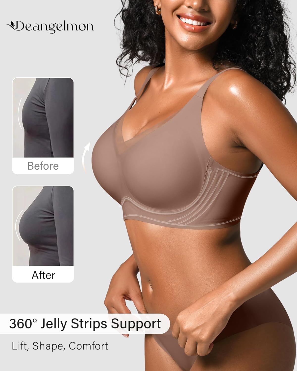 DEANGELMON Scalloped V Neck Wireless Bras for Women Seamless No Underwire Full Coverage Push Up Bras Soft Comfort Bralettes - Image 2