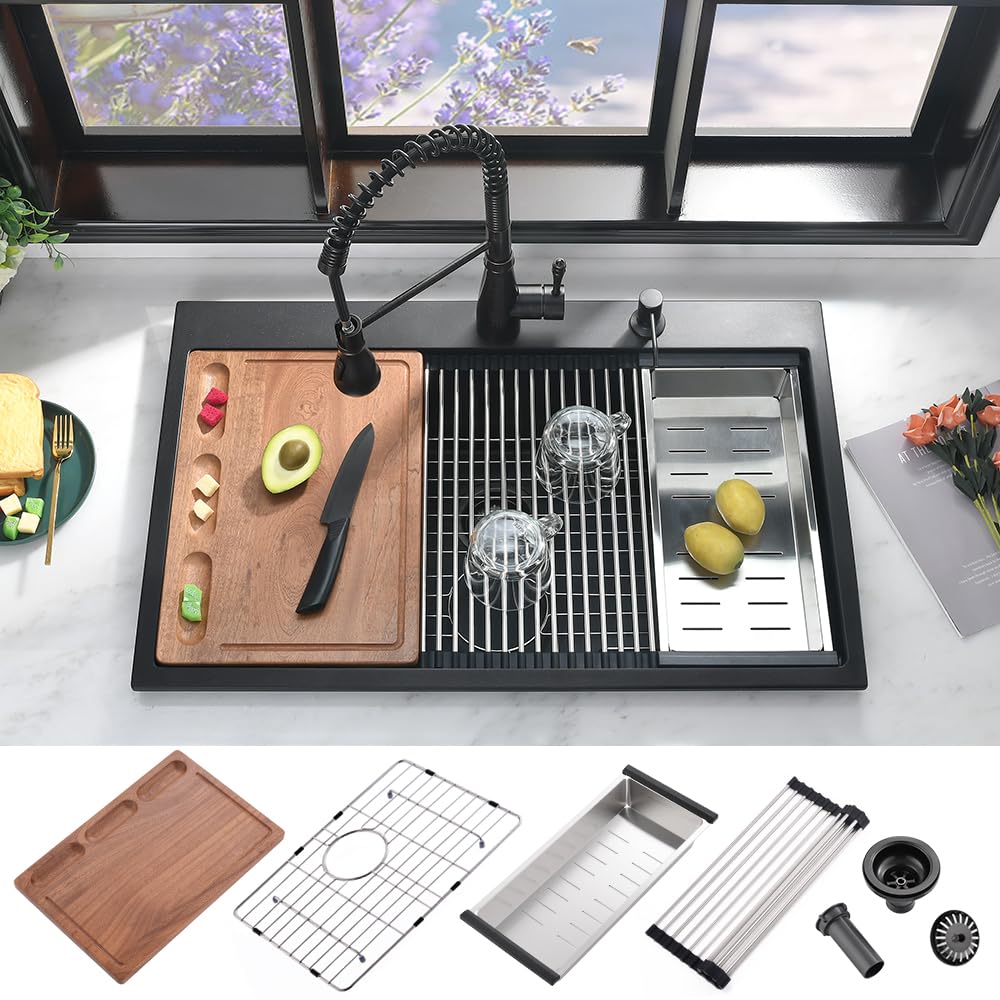 33 Inch Black Kitchen Sink Drop In Workstation Quartz-iAnomla 33x19 Drop In Kitchen Sink Workstation Sink Black Quartz Composite Topmount Kitchen Sink Single Bowl Deep Kitchen Sink with Cutting Board