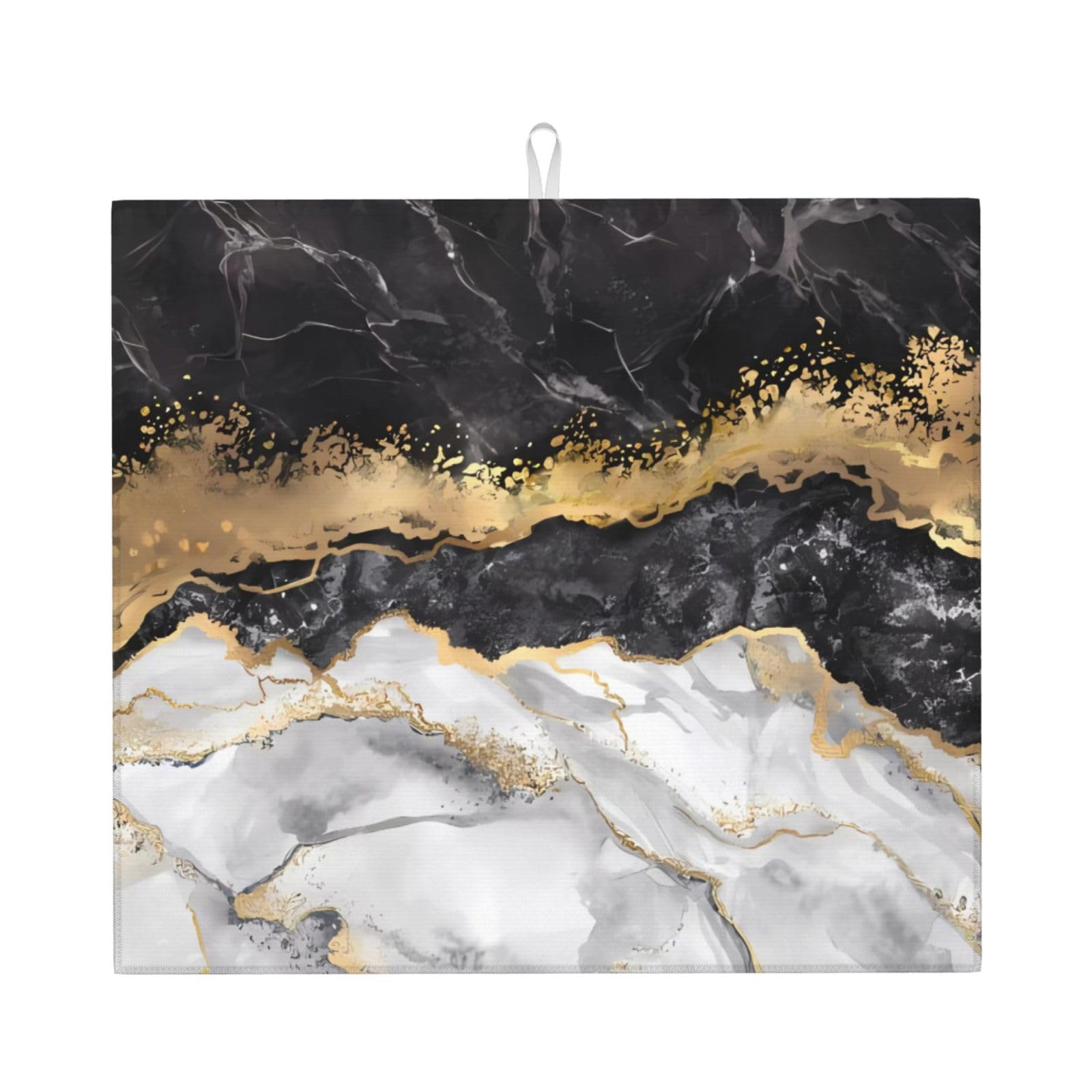WHJSHOP Black White Gold Foil Marble Prints Kitchen Drying Mat – Absorbent Dish Throw for Countertops, Quick-Dry Non-Slip Layer with Colorful Prints, Ideal Housewarming Gift