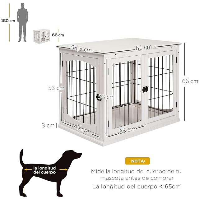 Foto 7 de 8 de PawHut Jaula para Perros de Madera con Superficie de Mesa 2 Puertas y Rejillas de Metal 81x58,5x66 cm Blanco