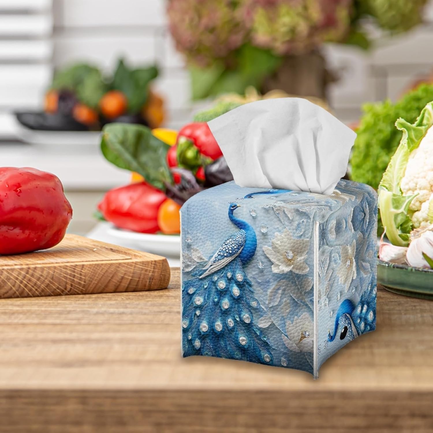 Blue Peacock Floral Waterproof Tissue Case Facial Paper Organizer, Portable Durable Toilet Paper Holder, Decorative Cube Cover for Your Bathroom and Home image 5