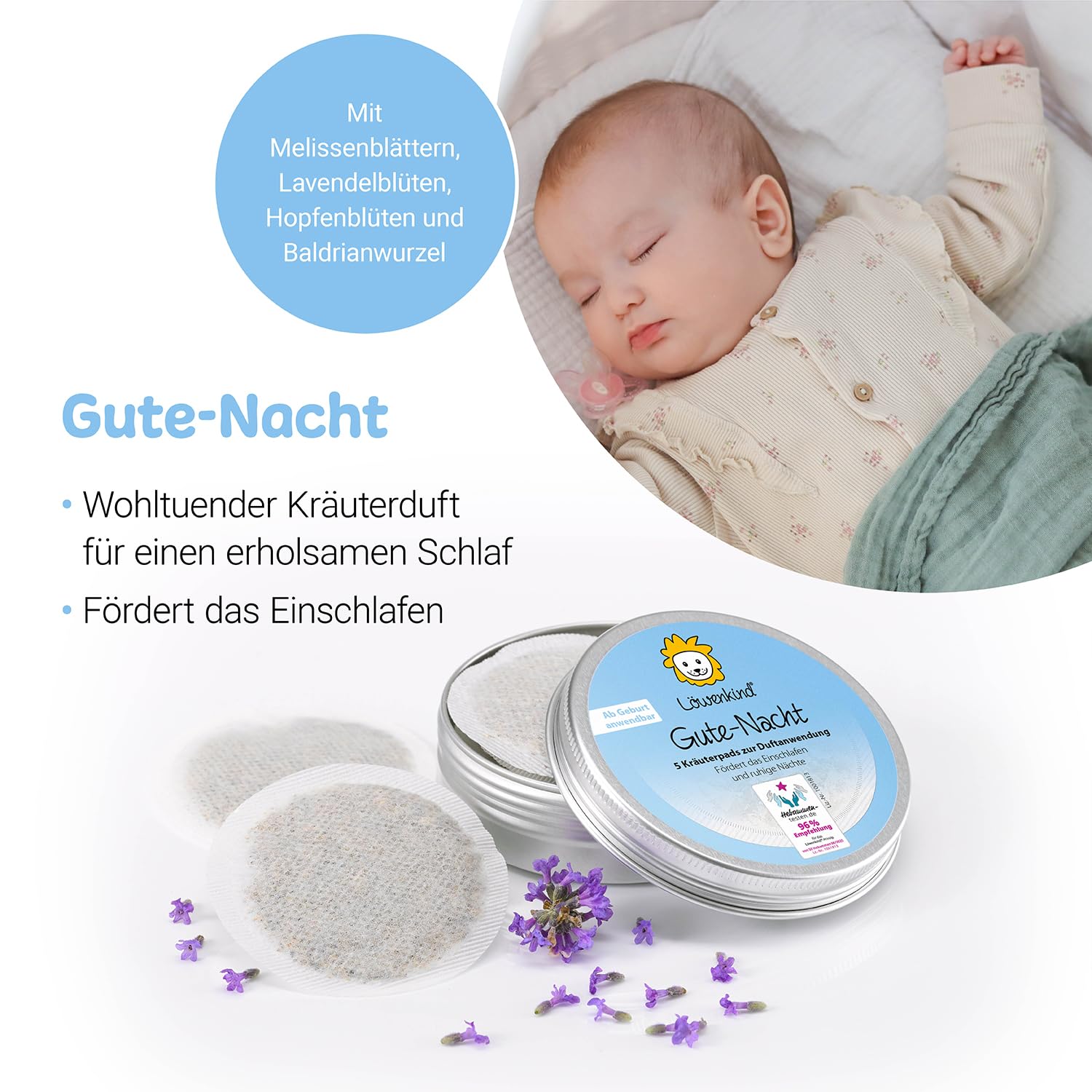 Löwenkind Einsteigerbox "Newborn" Grau mit Rotznäschen- und Gute-Nacht-Pads- Kräuterpads zur natürlichen Unterstützung in der Erkältungszeit und bei Schlafproblemen für Neugeborene bis 6 Monate
