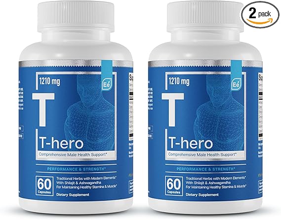 Essential Elements Male Health Supplement - Muscle Support & T-Health with DIM, Ashwagandha, Shilajit, More | T-Hero 60 Vegan Capsules (2-Pack)