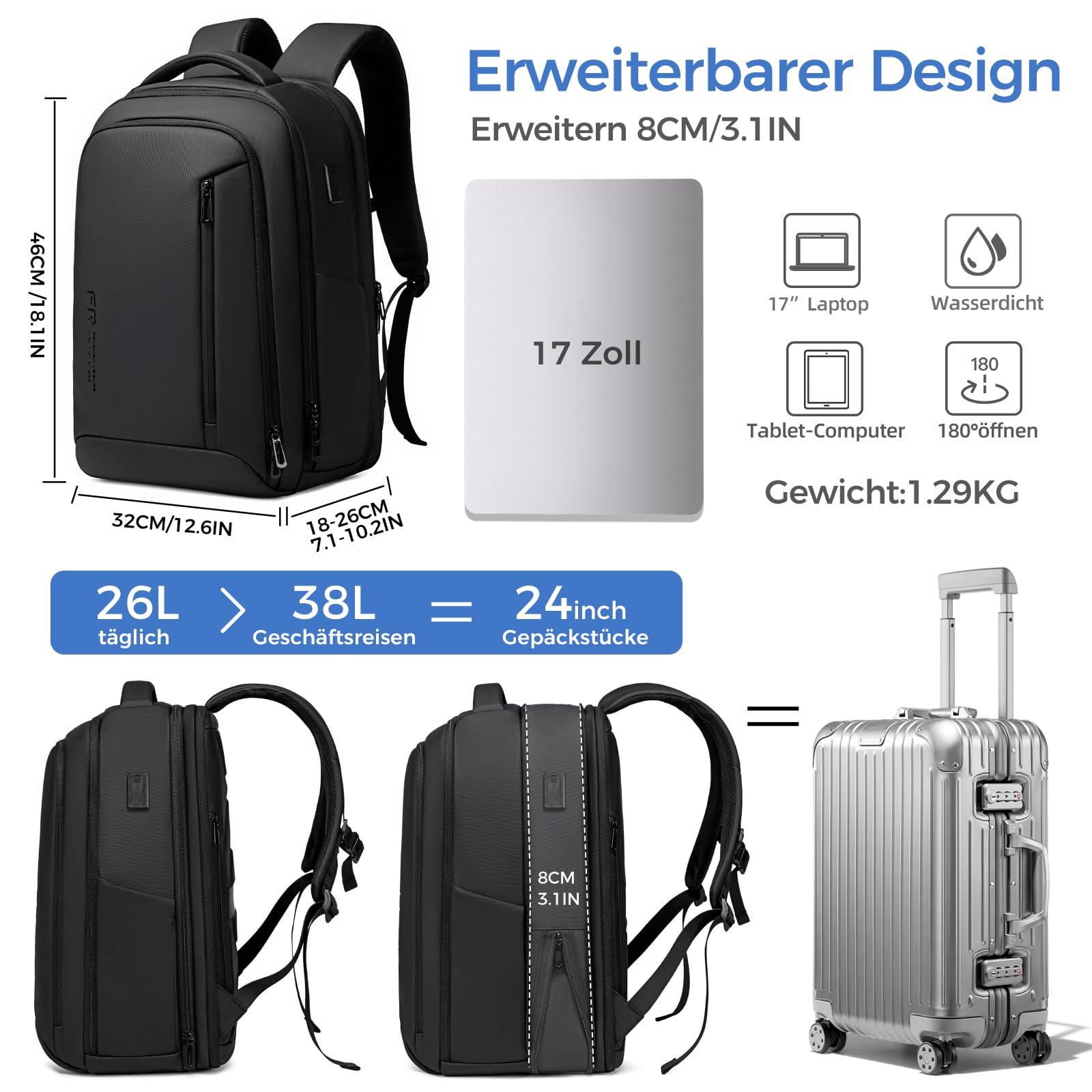 Fenree.geer Business Rucksack Herren, USB-Anschluss – Arbeitsrucksack-Travelite Rucksack Erweiterbar 26L-38L für Reiserucksack-17 Zoll Laptop Rucksack-1800D Wasserdicht