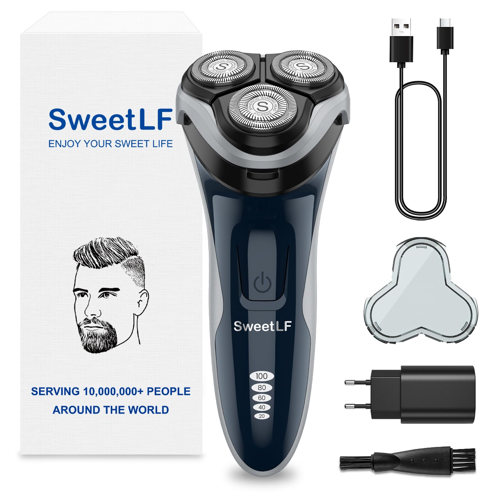 SweetLF Rasoio Elettrico Uomo,Regolabarba con Testine Rotanti 4D, Rasoio Ricaricabile Wet & Dry con Display LED, Rasatura Impermeabile IPX7 Blu Navy (Blu) - 1