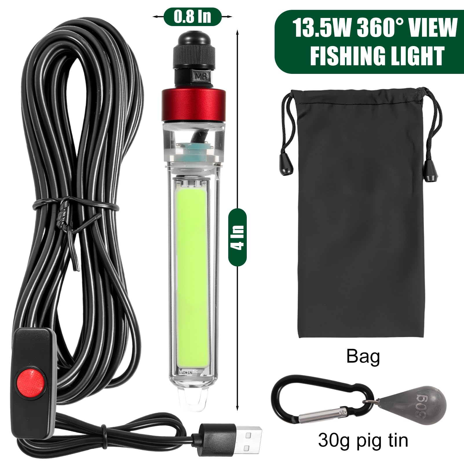 Luz de pesca verde subacuática superbrillante, luz verde LED para pesca, 12 W, 1300 lúmenes, clasificación IP68, atrayentes de luz sumergible para muelles, barcos, kayaks
